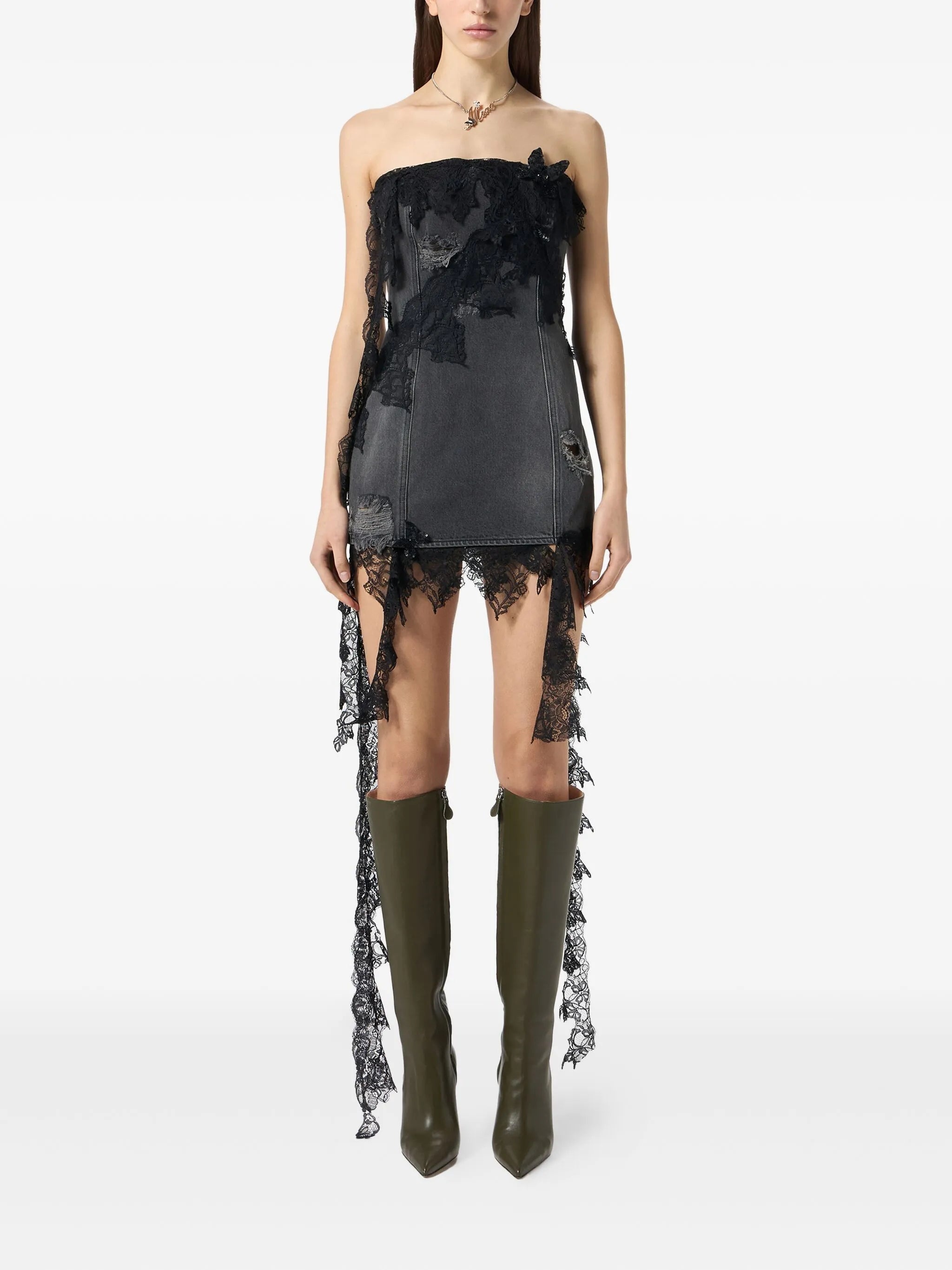 Blumarine Strapless Lace-trimmed Denim Dress - 2