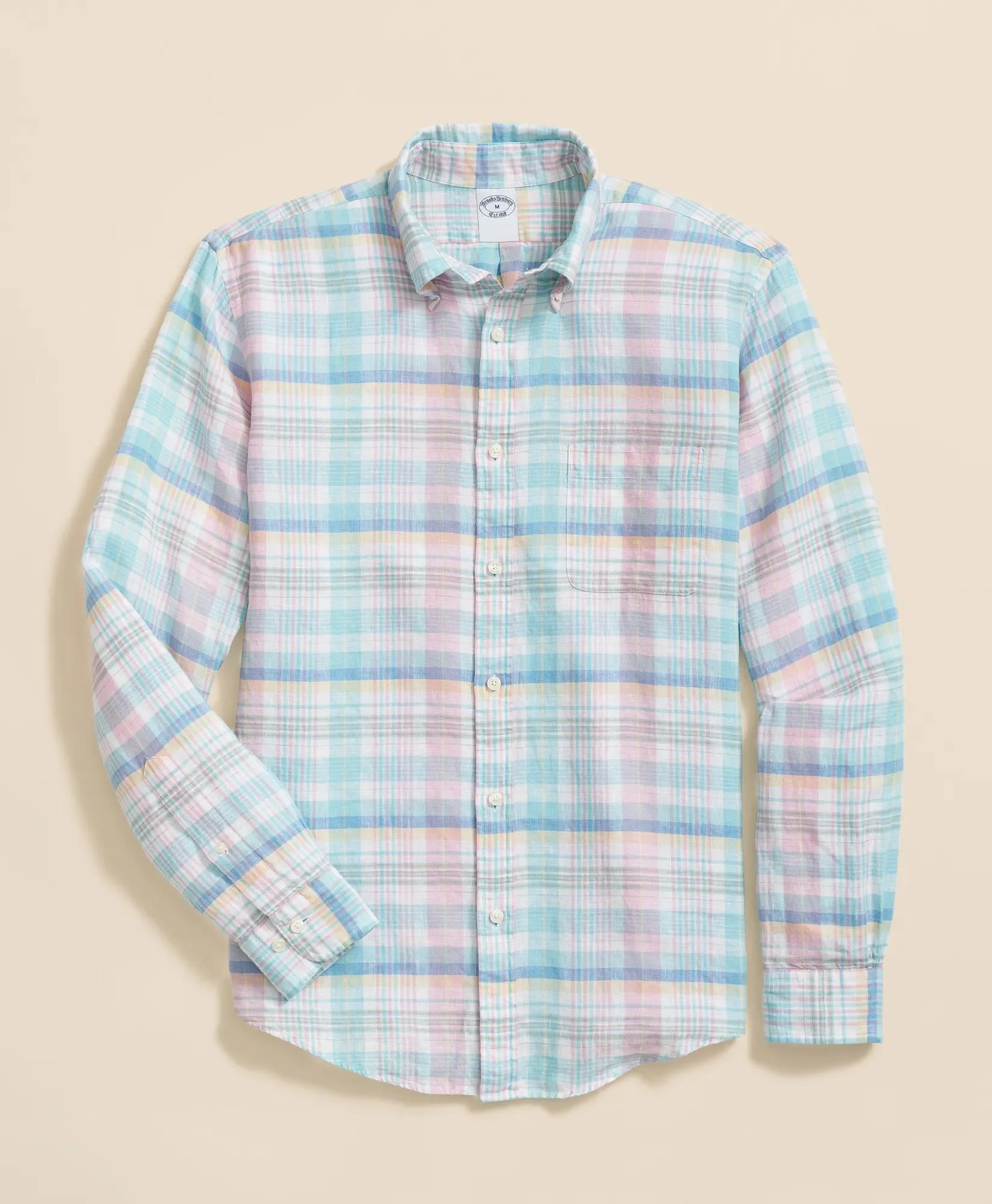 Irish Linen Polo Button Down Collar, Multi Plaid Shirt - 1
