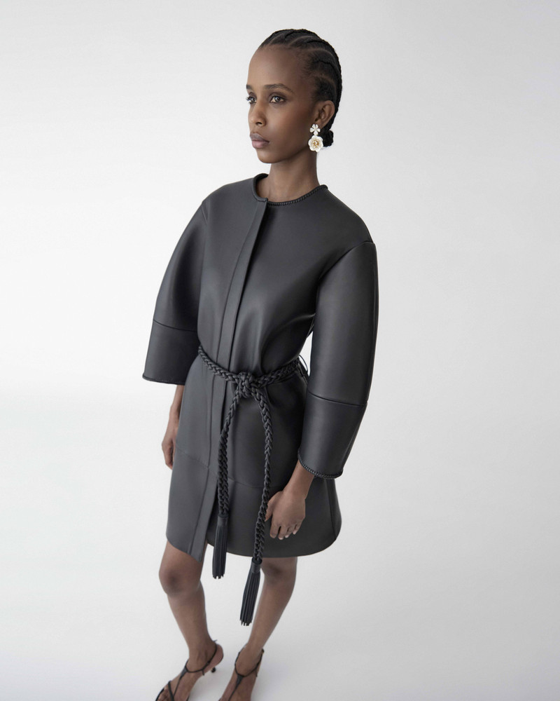 Arc Sleeve Leather Coat with Braided Belt 4