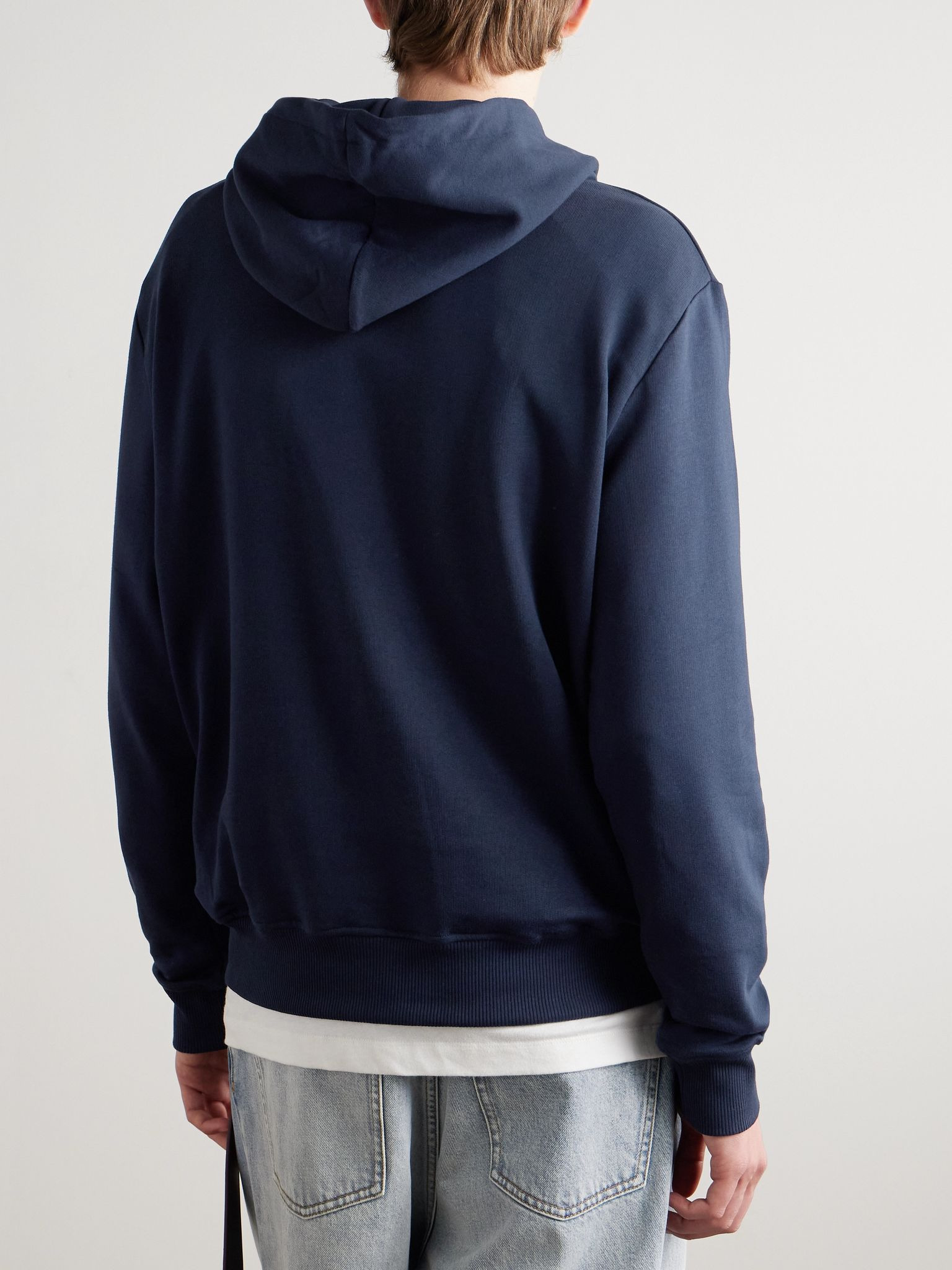 Logo-Print Stretch Cotton-Blend Jersey Hoodie Navy - 4