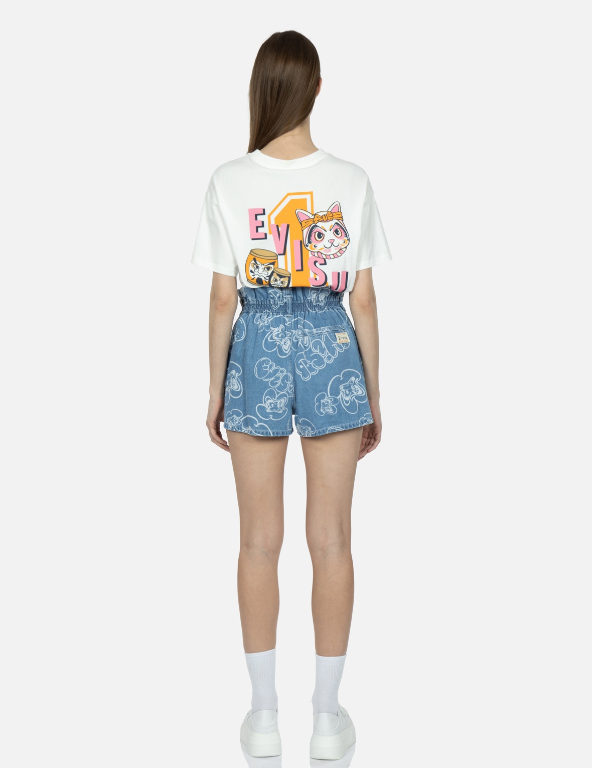 ALLOVER GRAFFITI DARUMA AND LOGO LASER-PRINT DENIM SHORTS - 6