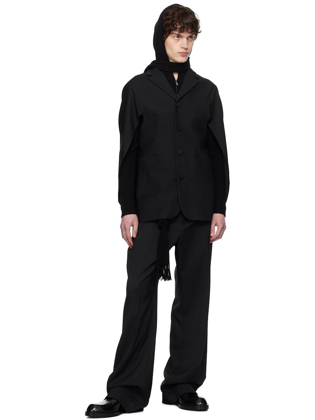 Black Draped Back Blazer - 5