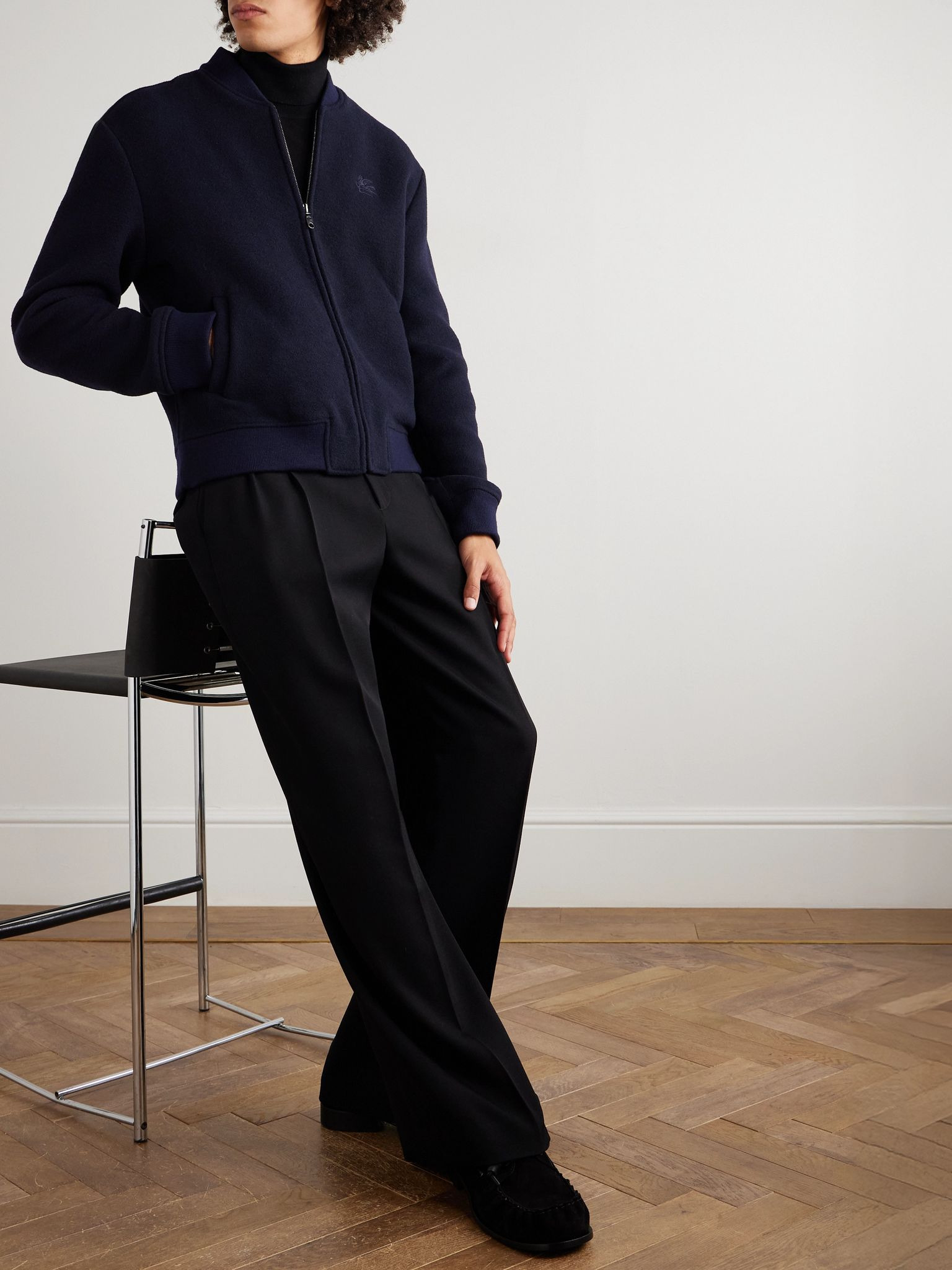 Logo-Embroidered Wool-Blend Bomber Jacket Blue - 2