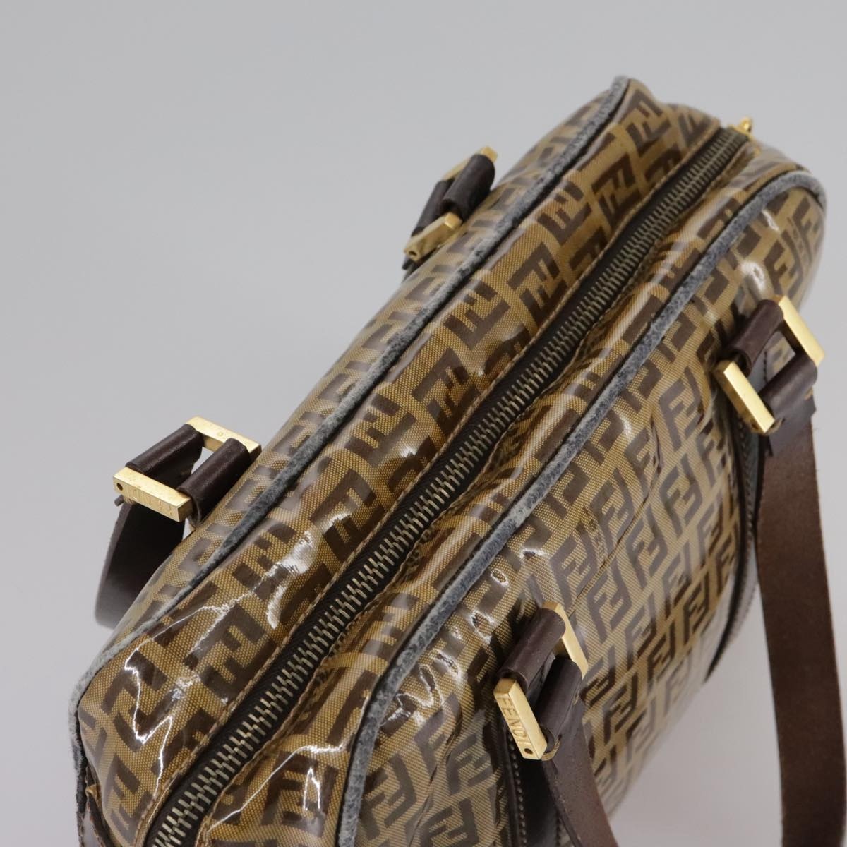 FENDI Zucchino Canvas Hand Bag Brown Gold - 6