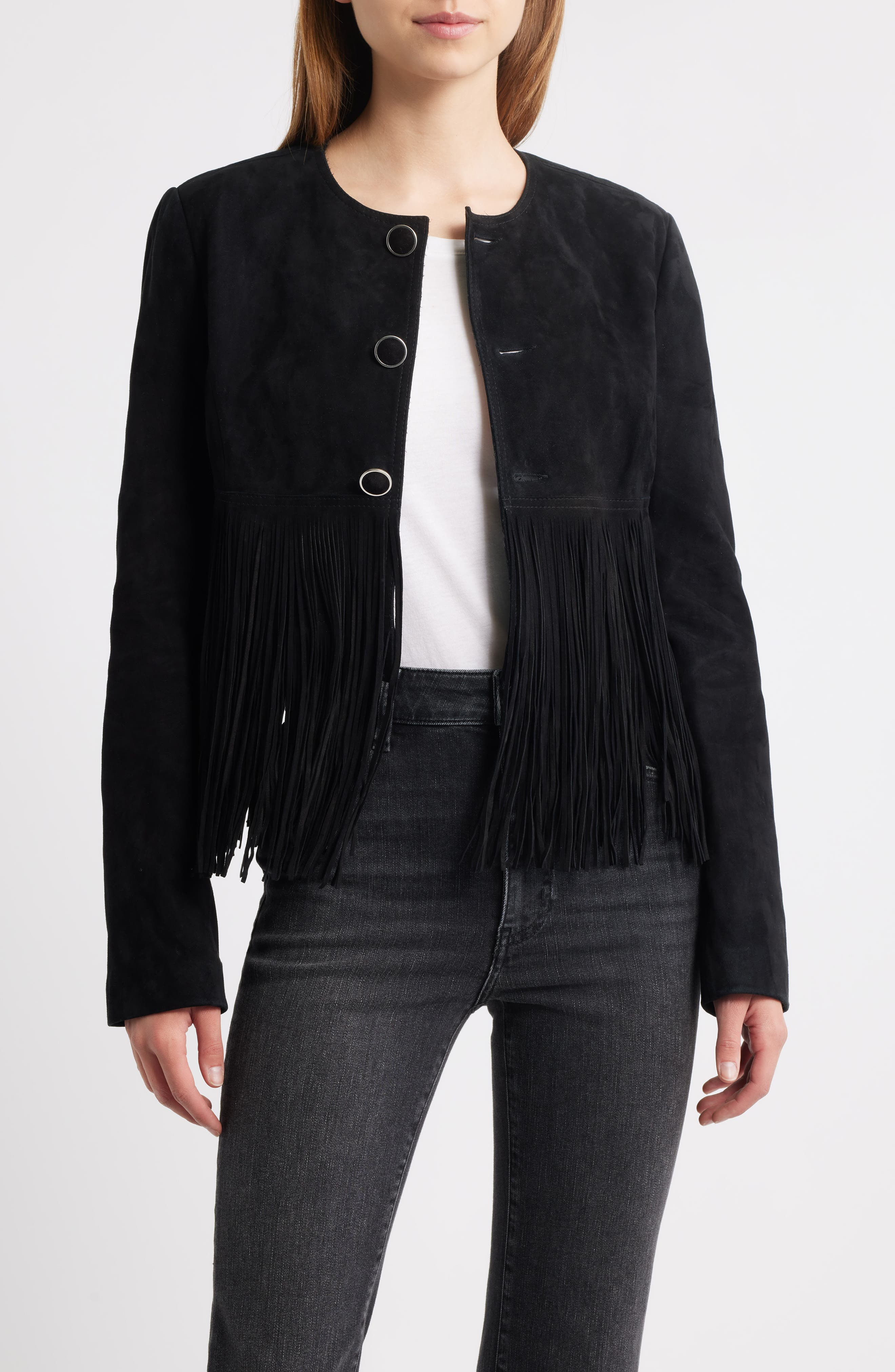 FRAME The Saddle Suede Fringe Jacket in Black at Nordstrom - 4