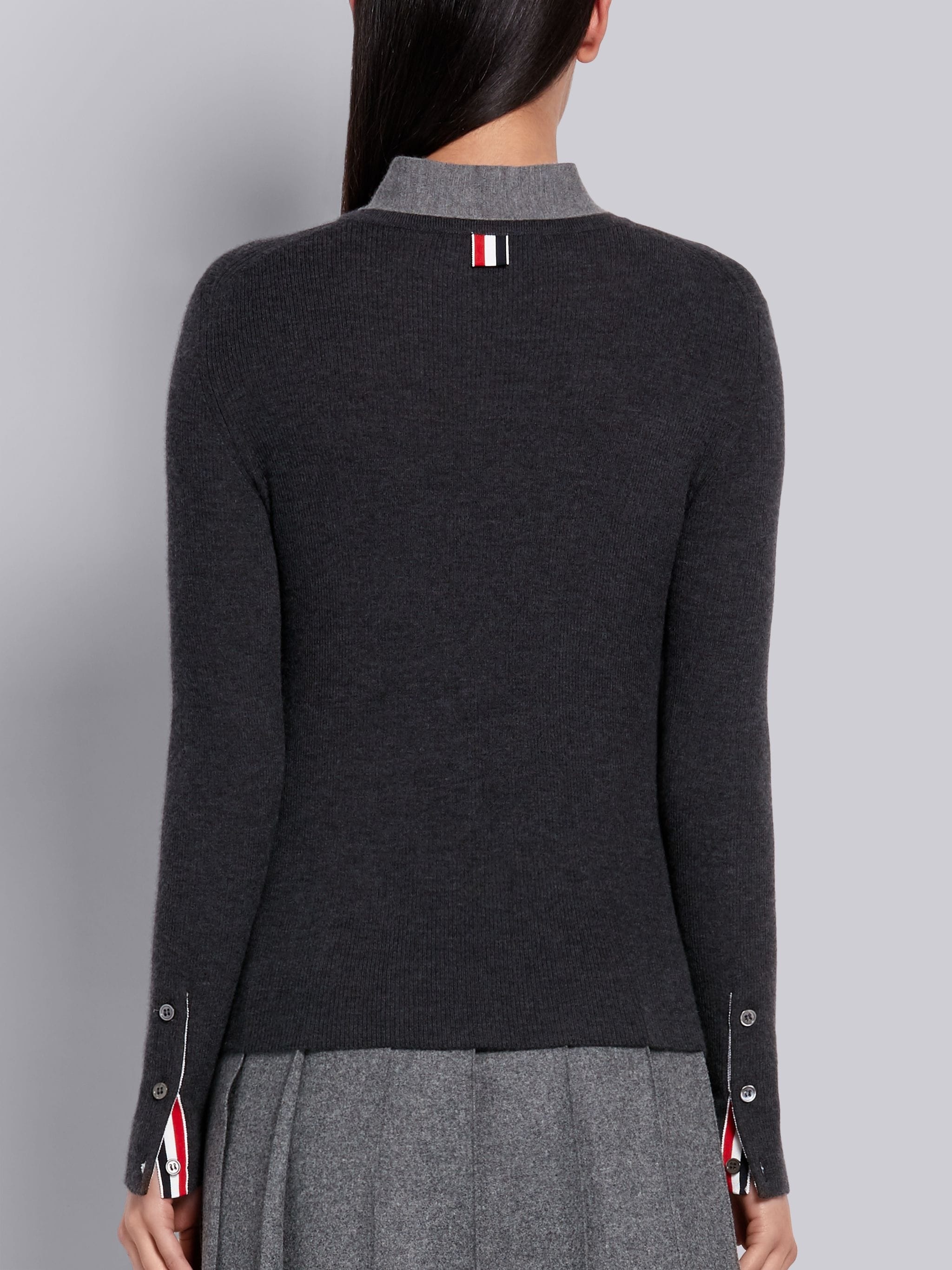 Dark Grey Cashmere Rib Neck Tie Crewneck Pullover - 3