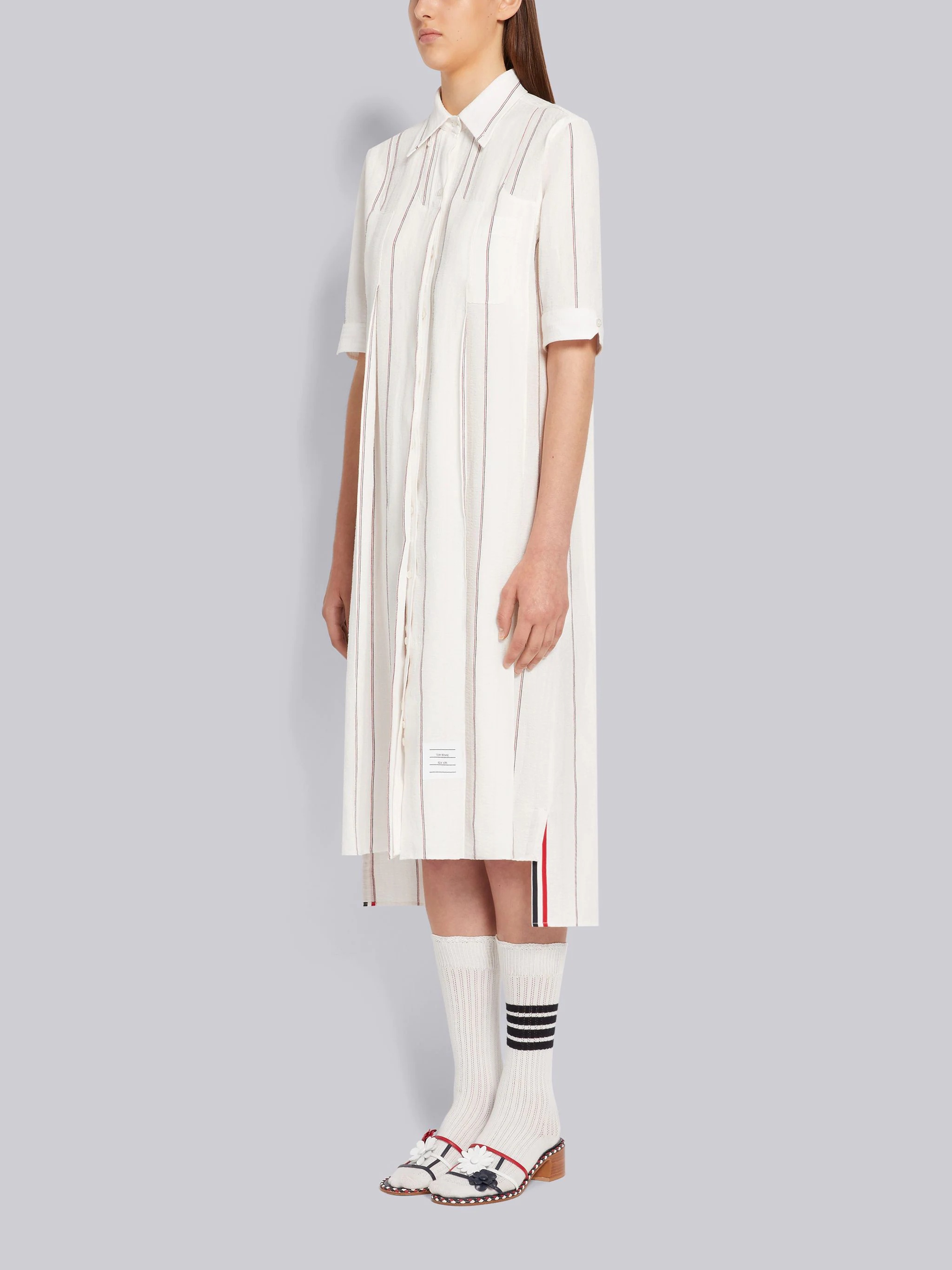 Light Pink Pinstripe Seersucker Linen Inverted Pleat Below The Knee Short Sleeve Shirtdress - 2
