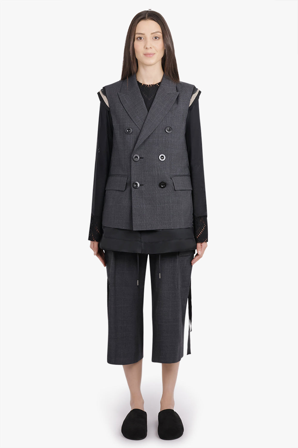 GLEN CHECK PRINT CONTRAST PANEL LONGLINE VEST WITH EXPOSED SHOULDER PADS | GREY/BLACK - 4