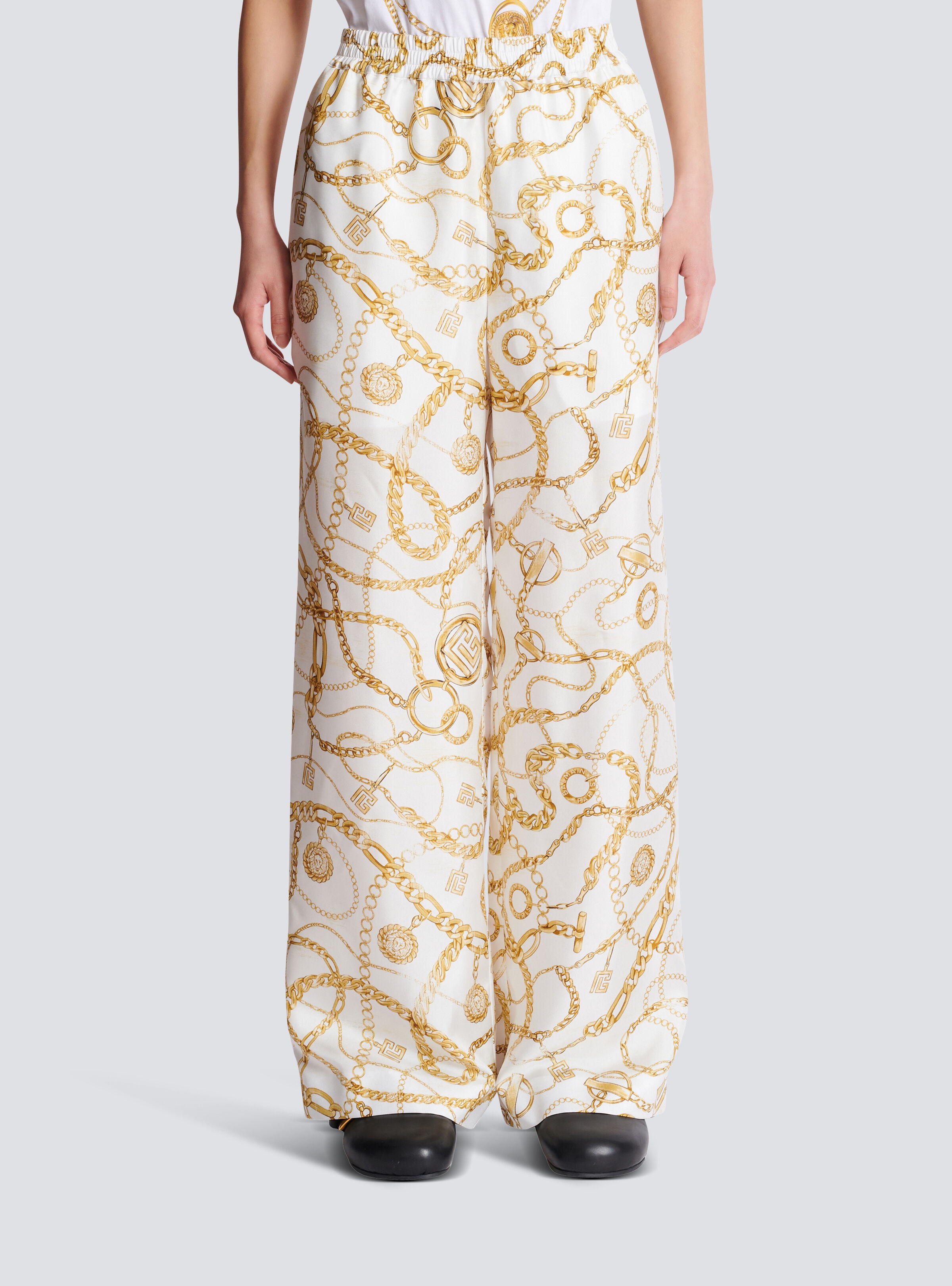 Flowing printed silk trousers with Balmain Chains pattern - 5