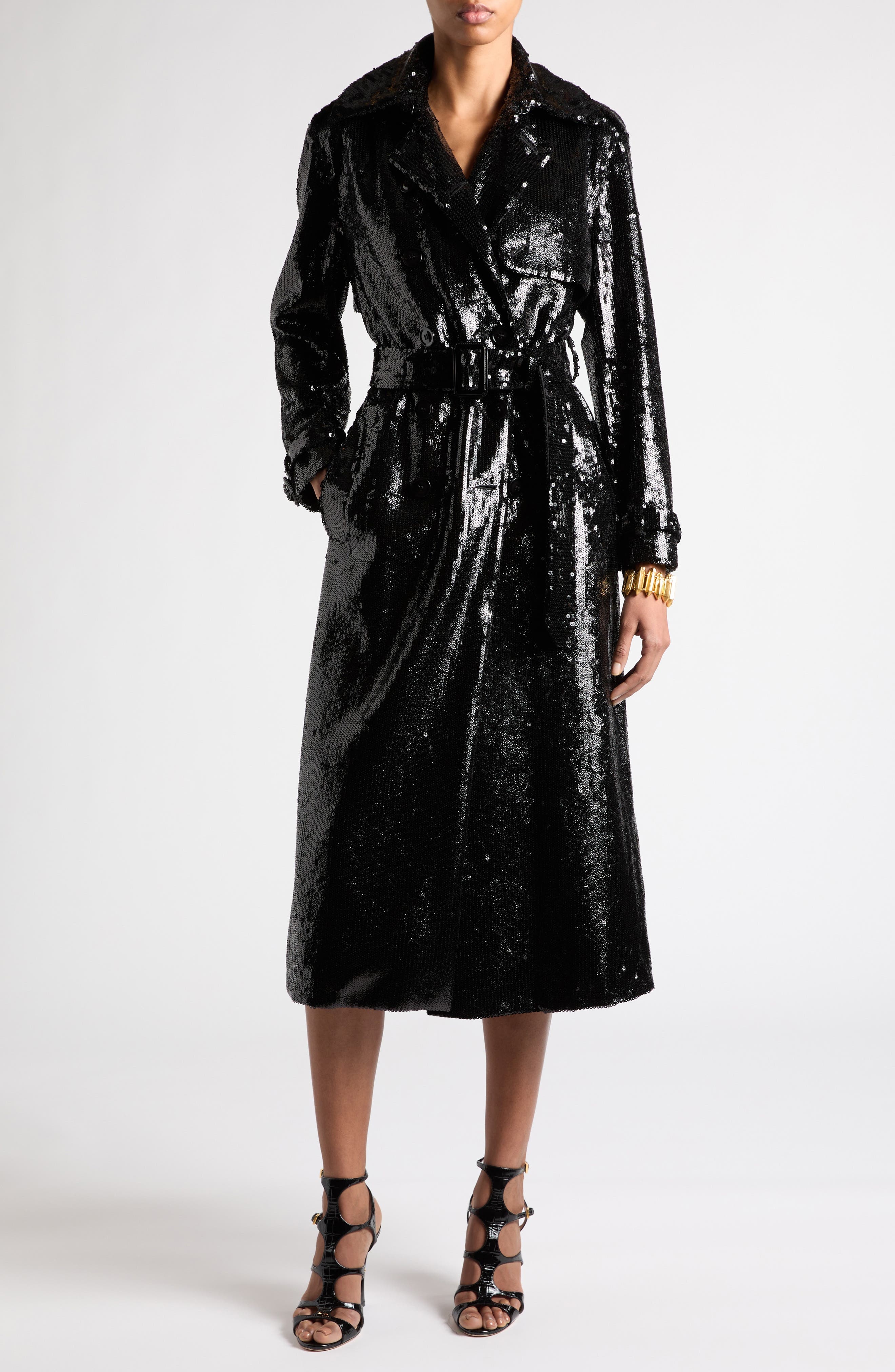 TOM FORD Sequin Belted Trench Coat in Lb999 Black at Nordstrom - 1