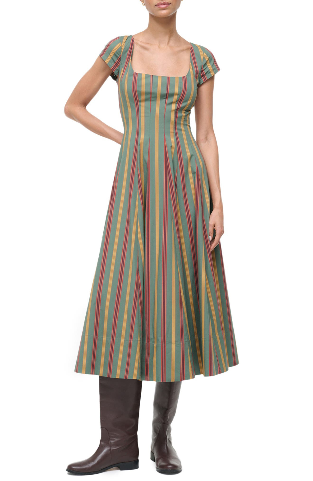 STAUD Wells Stripe Stretch Cotton Midi Dress in Trailblazer Stripe at Nordstrom - 5