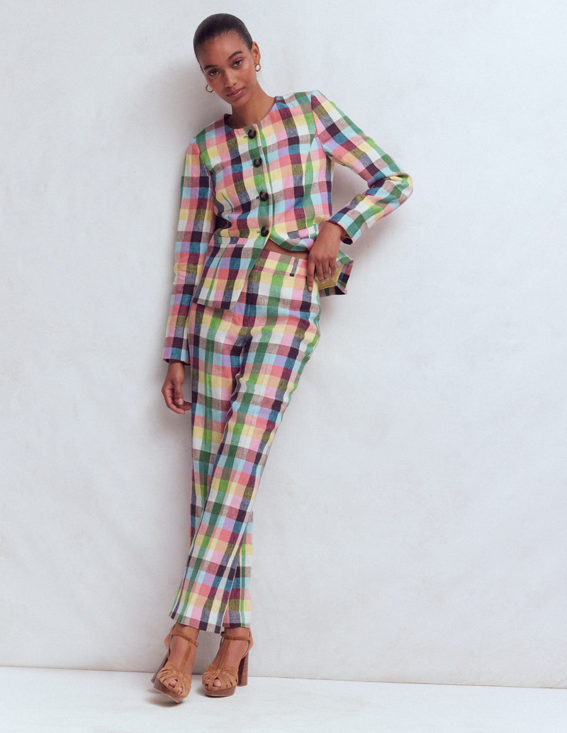 BODEN Canonbury Linen Pants-Soft Yellow, Pink Multigingham outlook