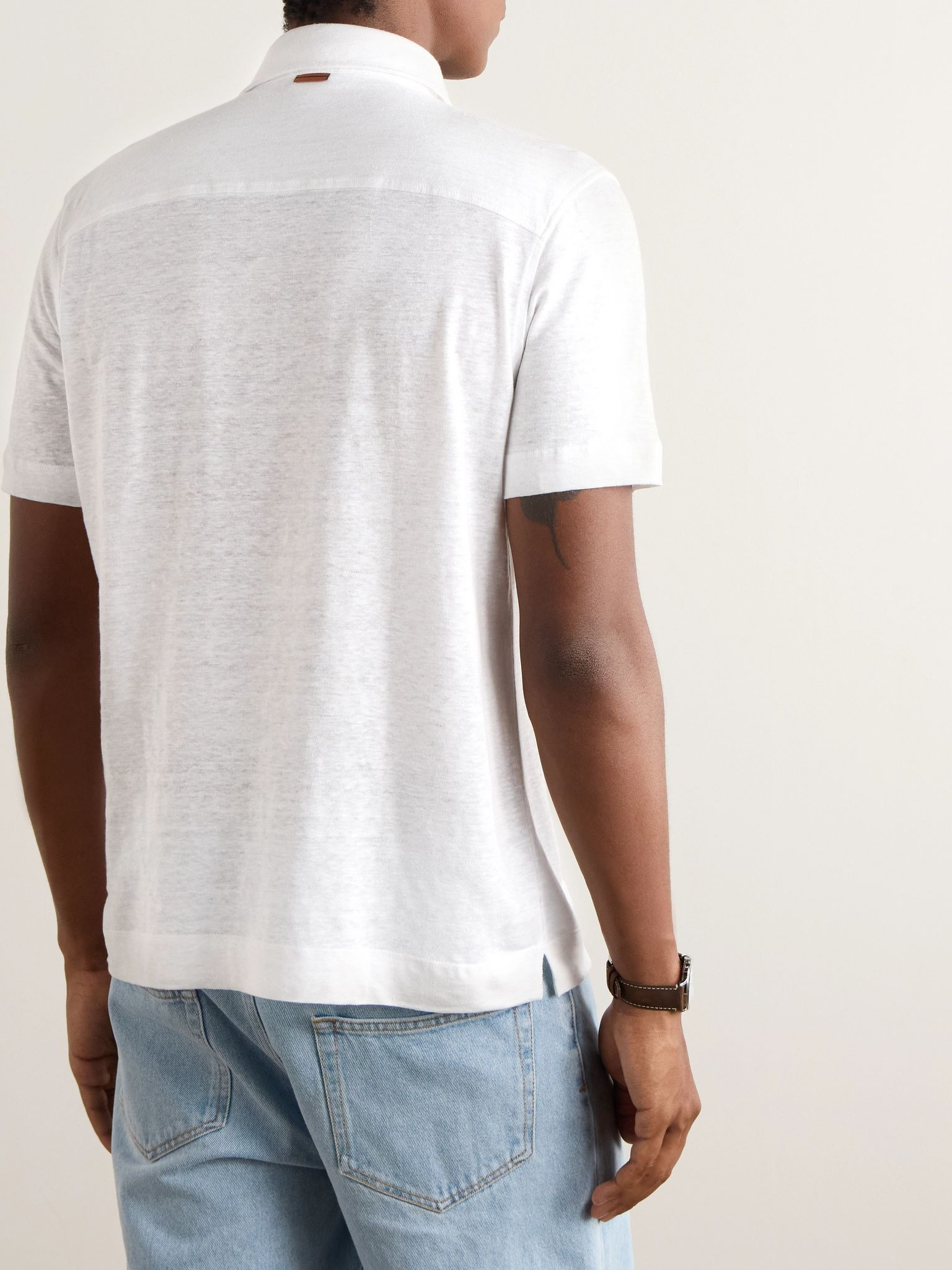 Slim-Fit Linen Polo Shirt White - 4