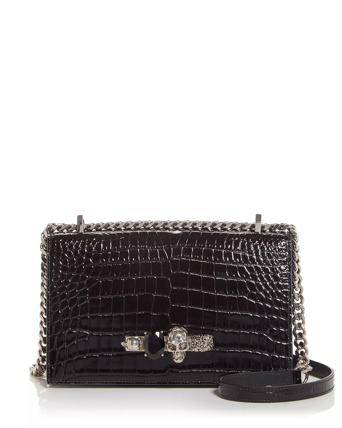Jewelled Croc Embossed Leather Shoulder Bag - 1