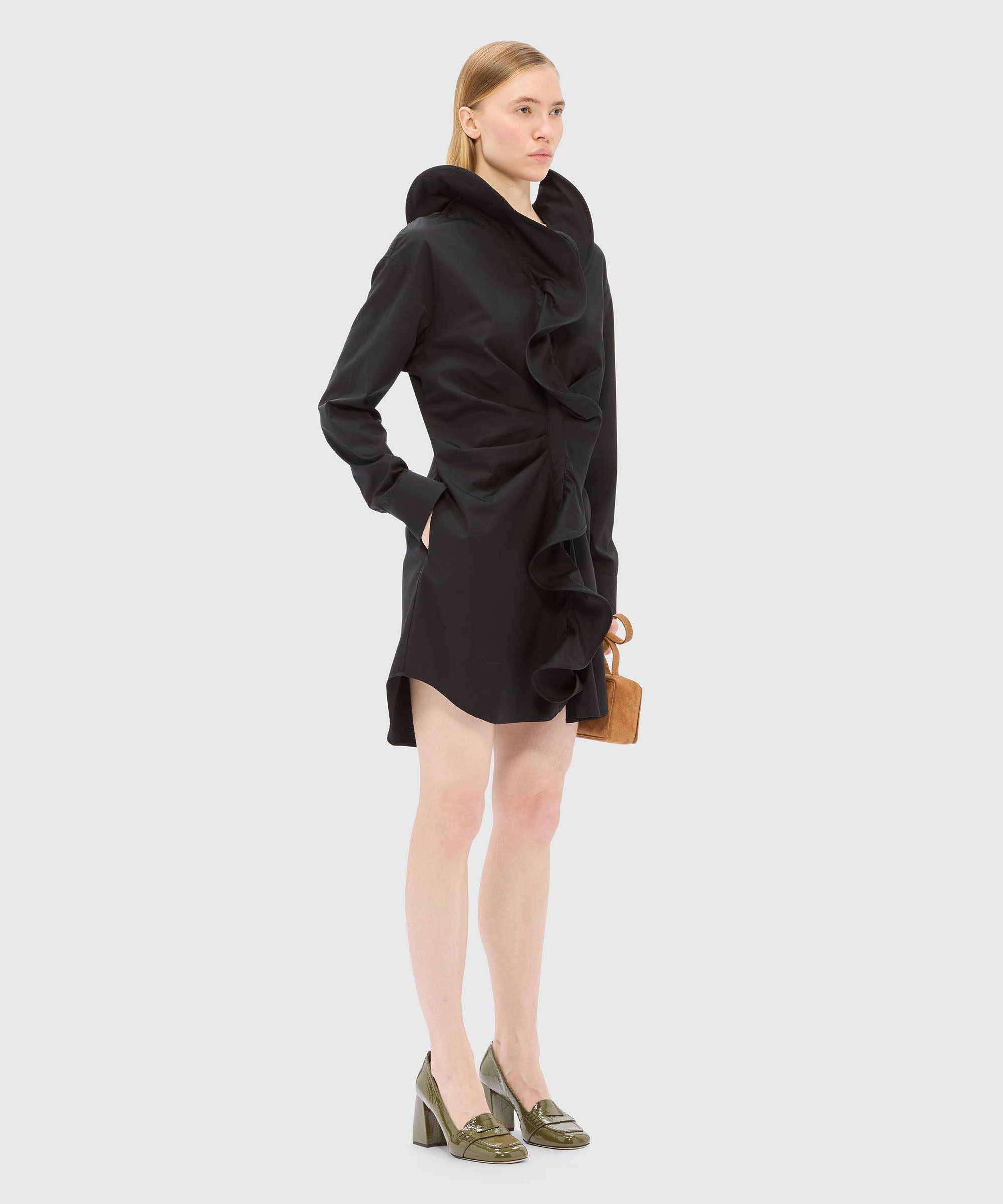Black poplin shirt dress with ruffles - 4