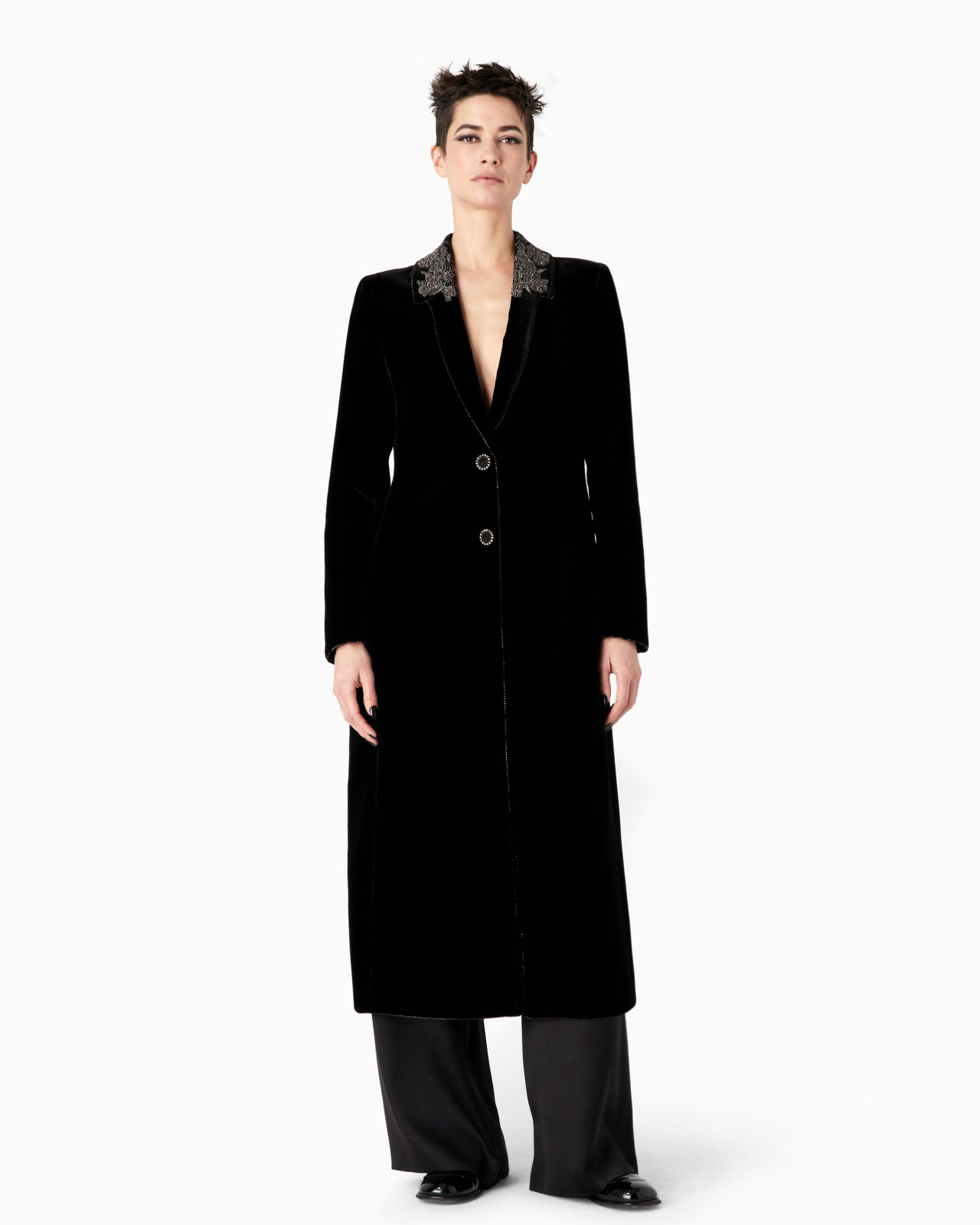 Single-breasted embroidered velvet coat - 2
