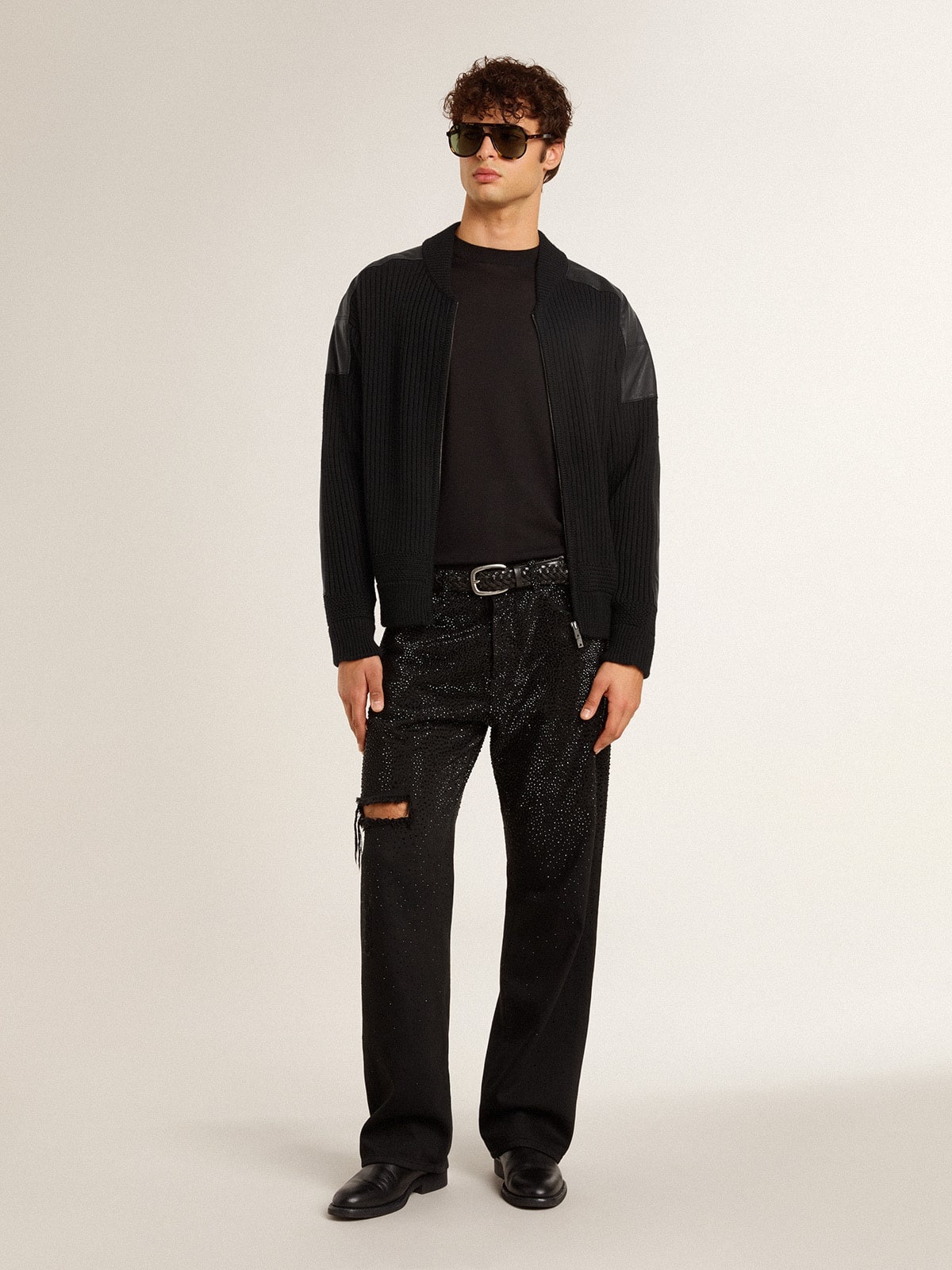 Men's black merino wool jacket with leather patches - 3
