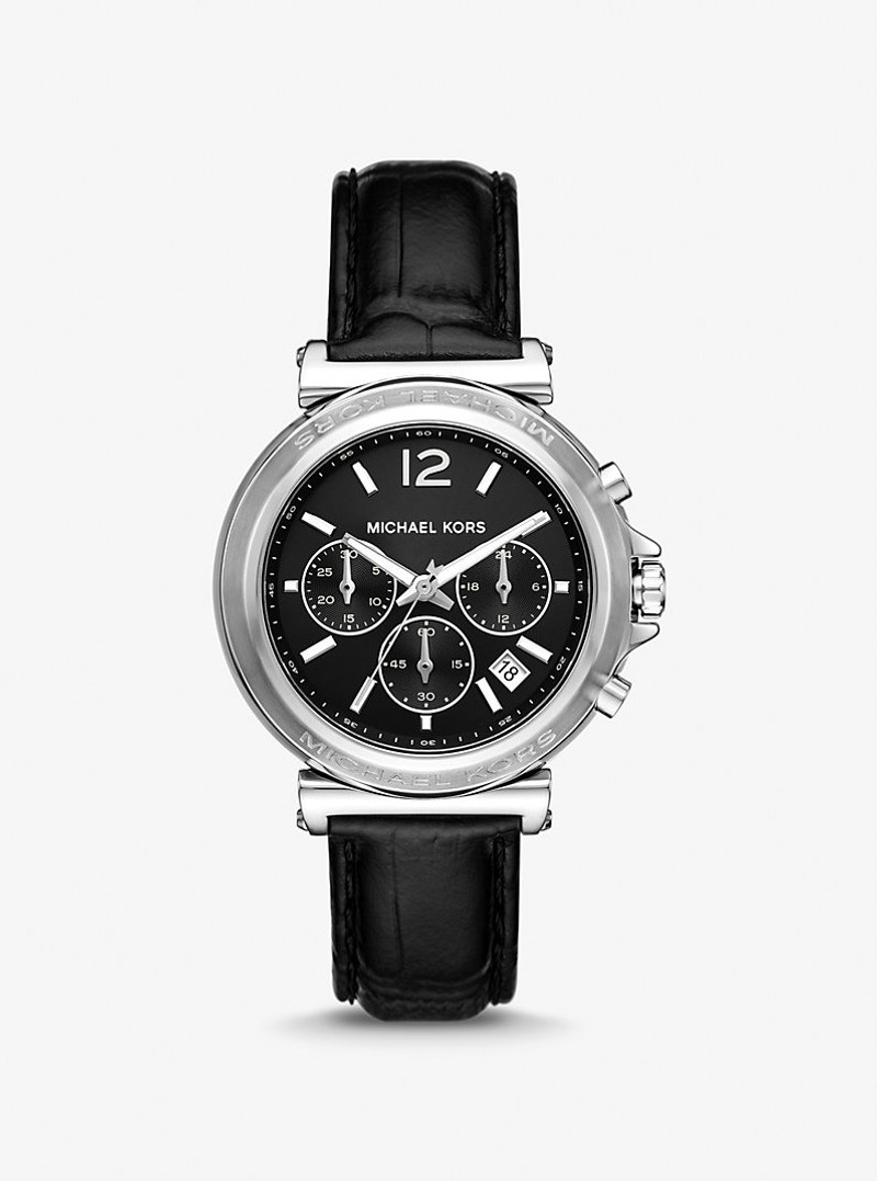 Oversized Maren Silver-Tone and Crocodile Embossed Leather Watch 1