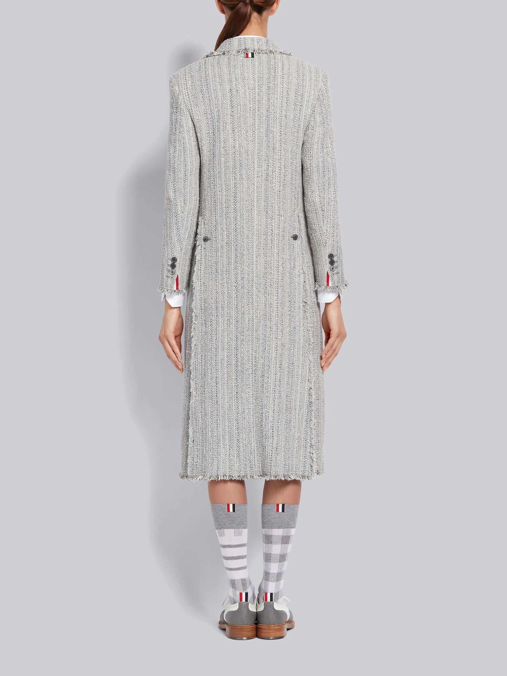 Light Grey Woven Cotton Tweed Frayed Wide Lapel Overcoat - 3