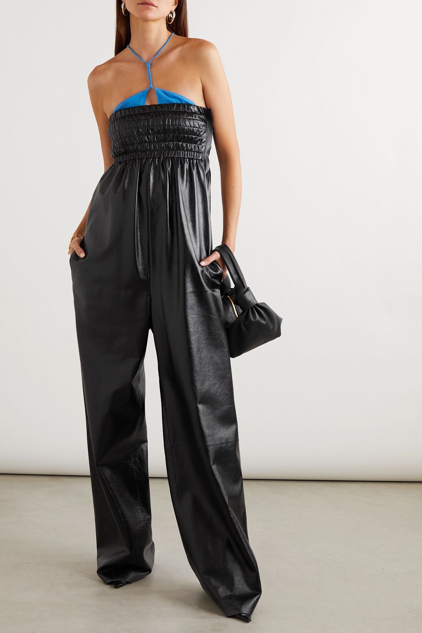 Strapless shirred crinkled glossed-leather jumpsuit - 2