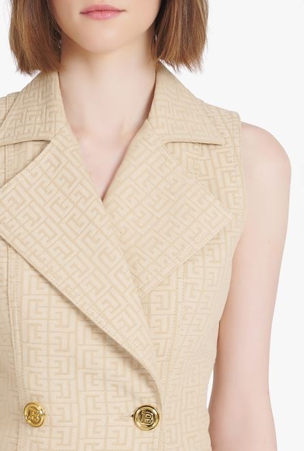 Short nude and white Balmain monogram jacquard dress with gold-tone double-buttoned fastening - 6