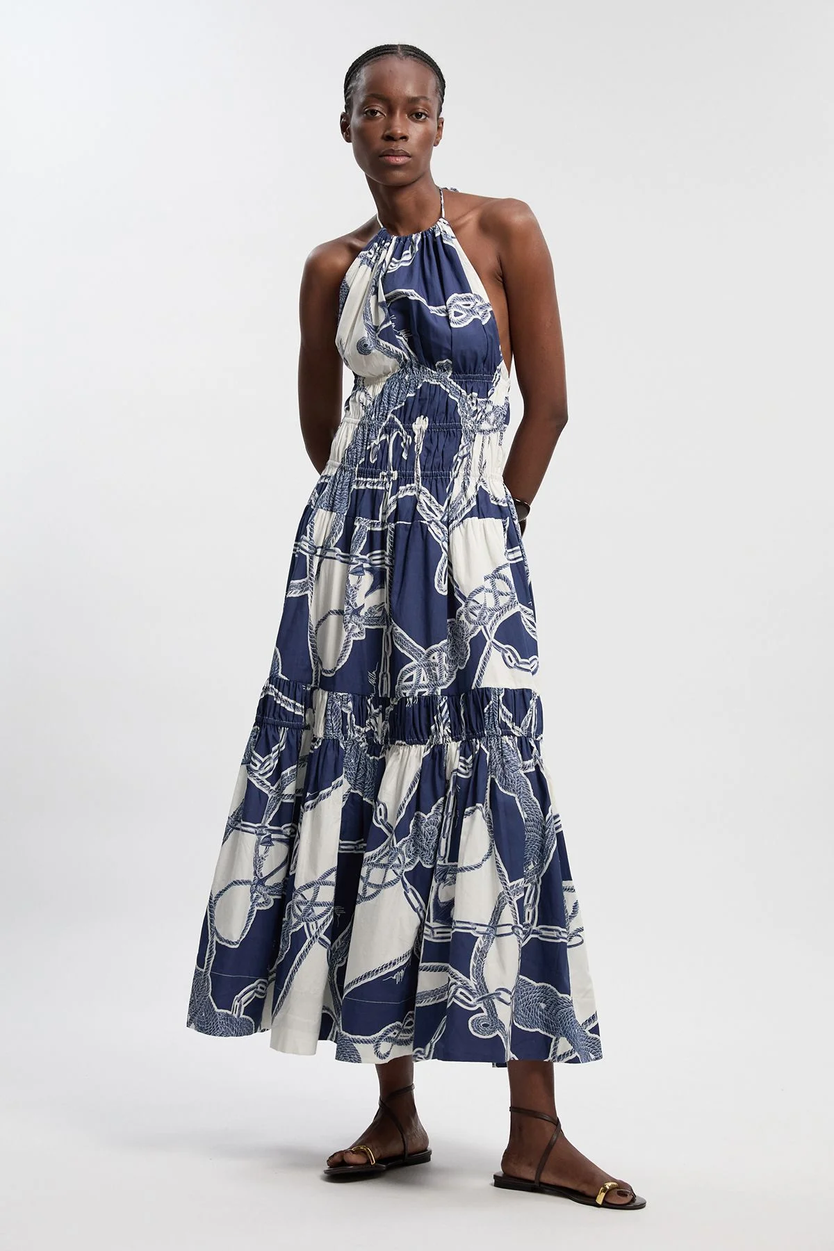 Shirred Cotton Tiered Chain Print Halter Neck Woven Maxi Dress - 1