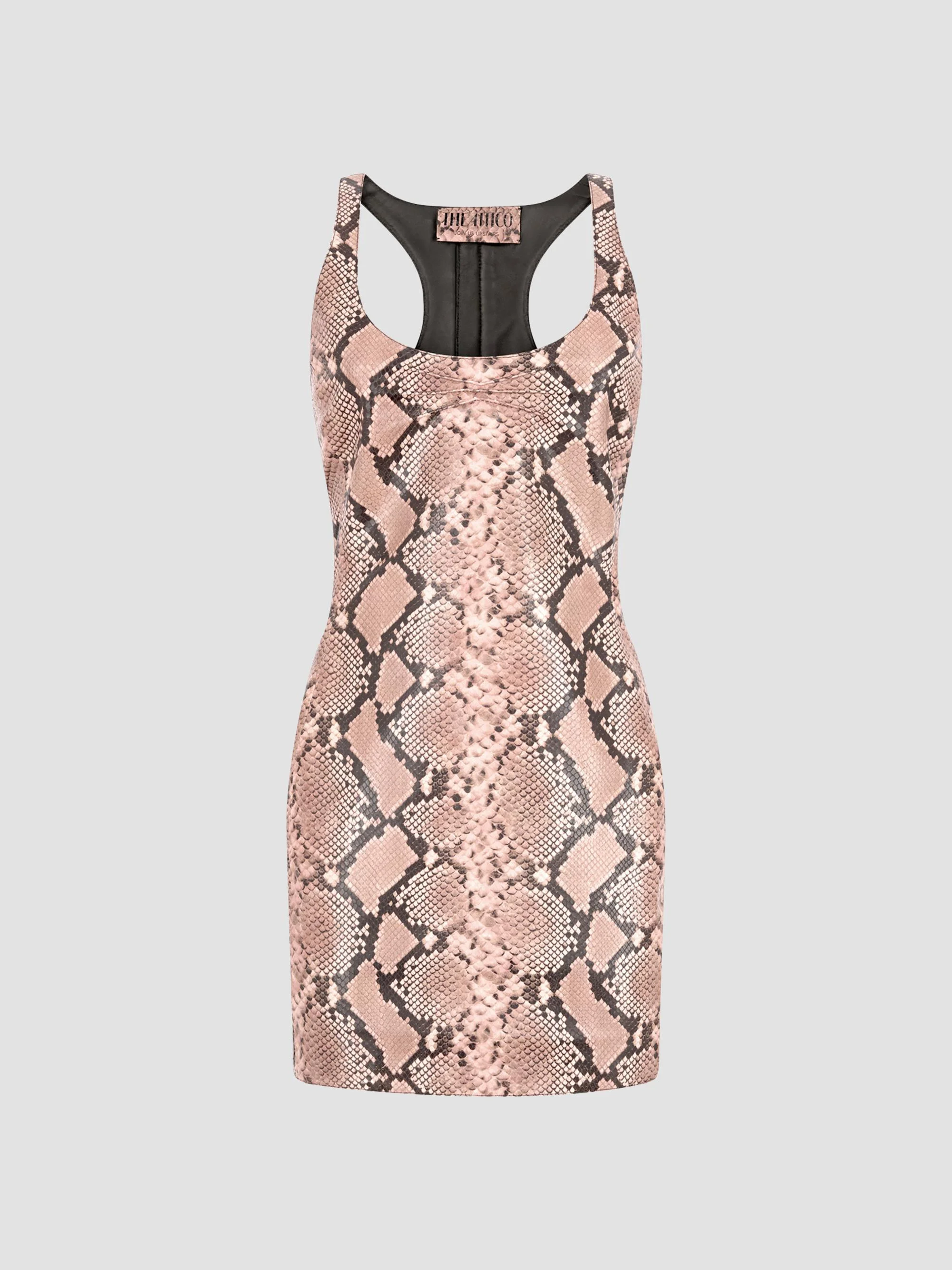 Women's Snakeskin Print Leather Mini Dress - Black Soft Pink - 1