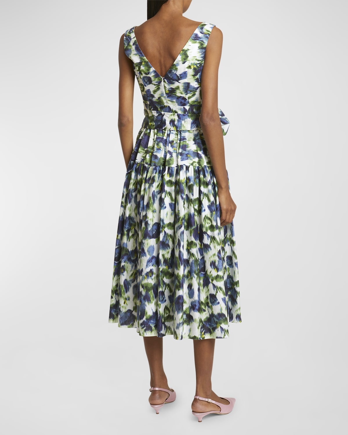 Floral Abstract Print Bow Midi Dress - 6