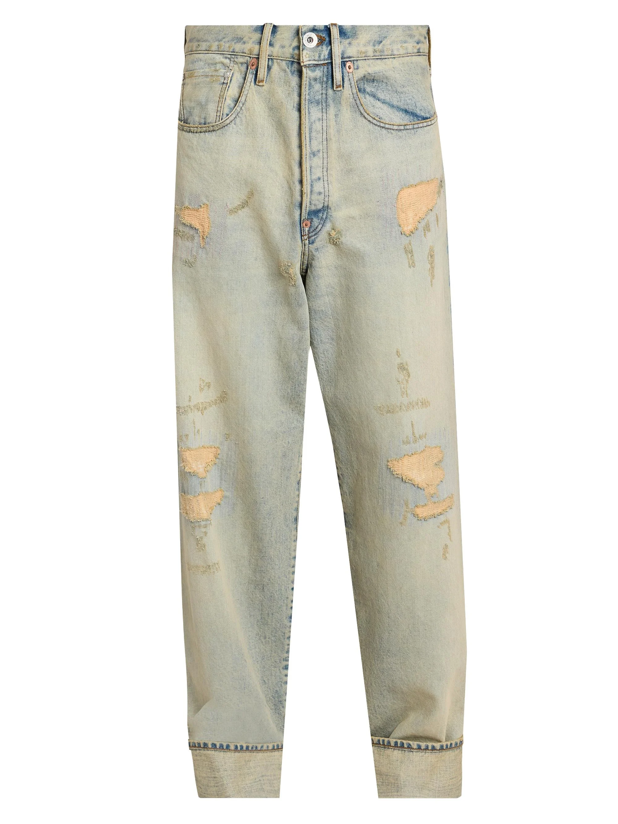 Men's Turn-Up Wide-Fit Jeans - Bleached Blue Denim - 1