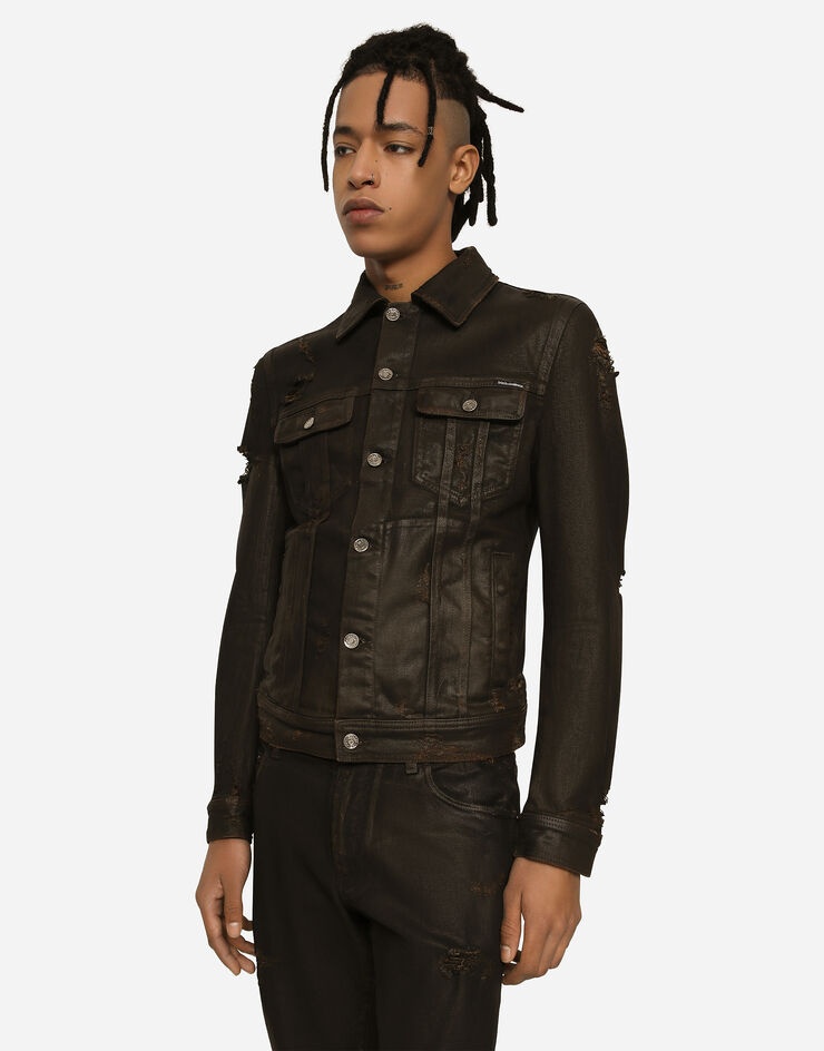 Waxed stretch denim jacket with rips - 4