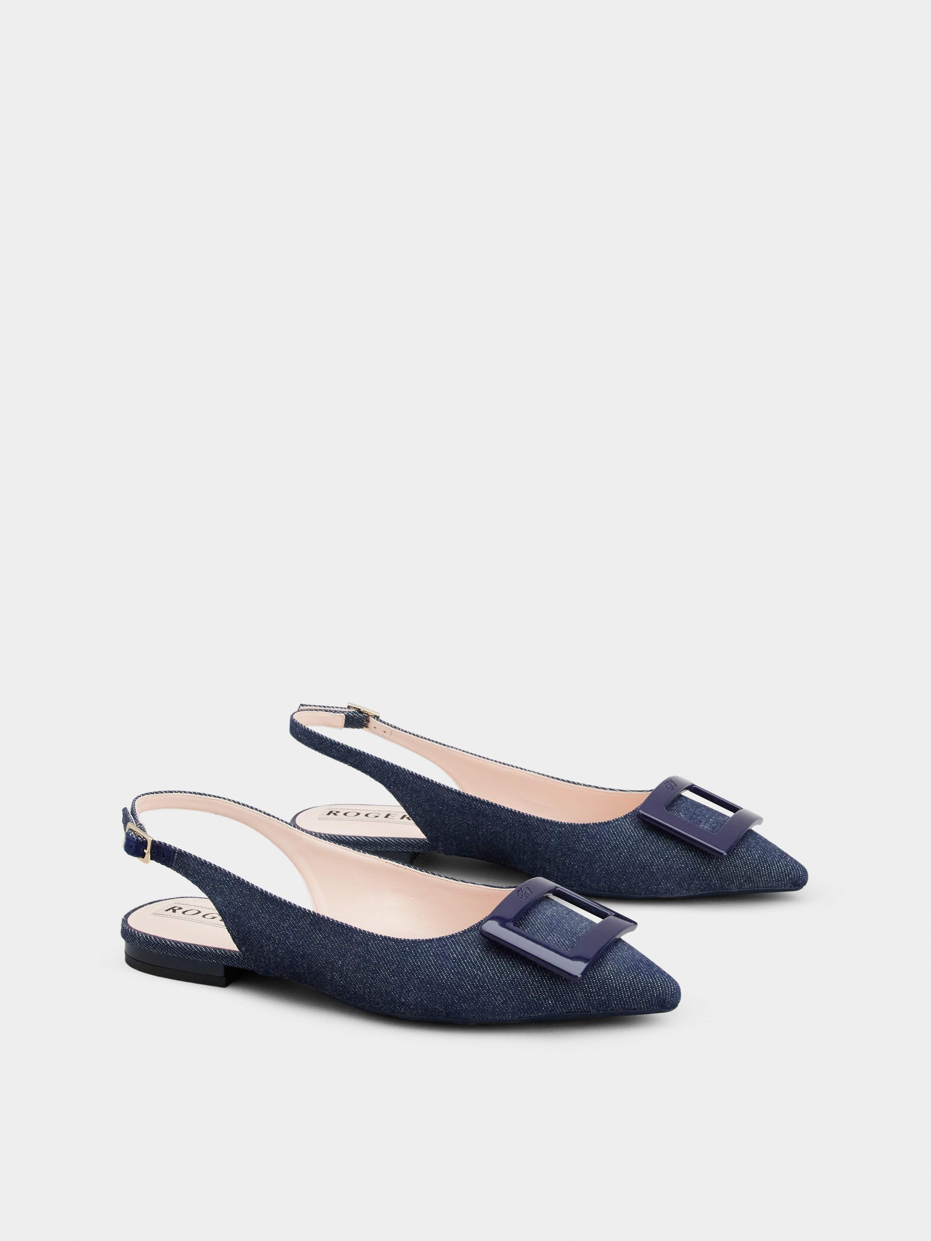 Gommettine Lacquered Buckle Slingback Ballerinas in Denim - 2