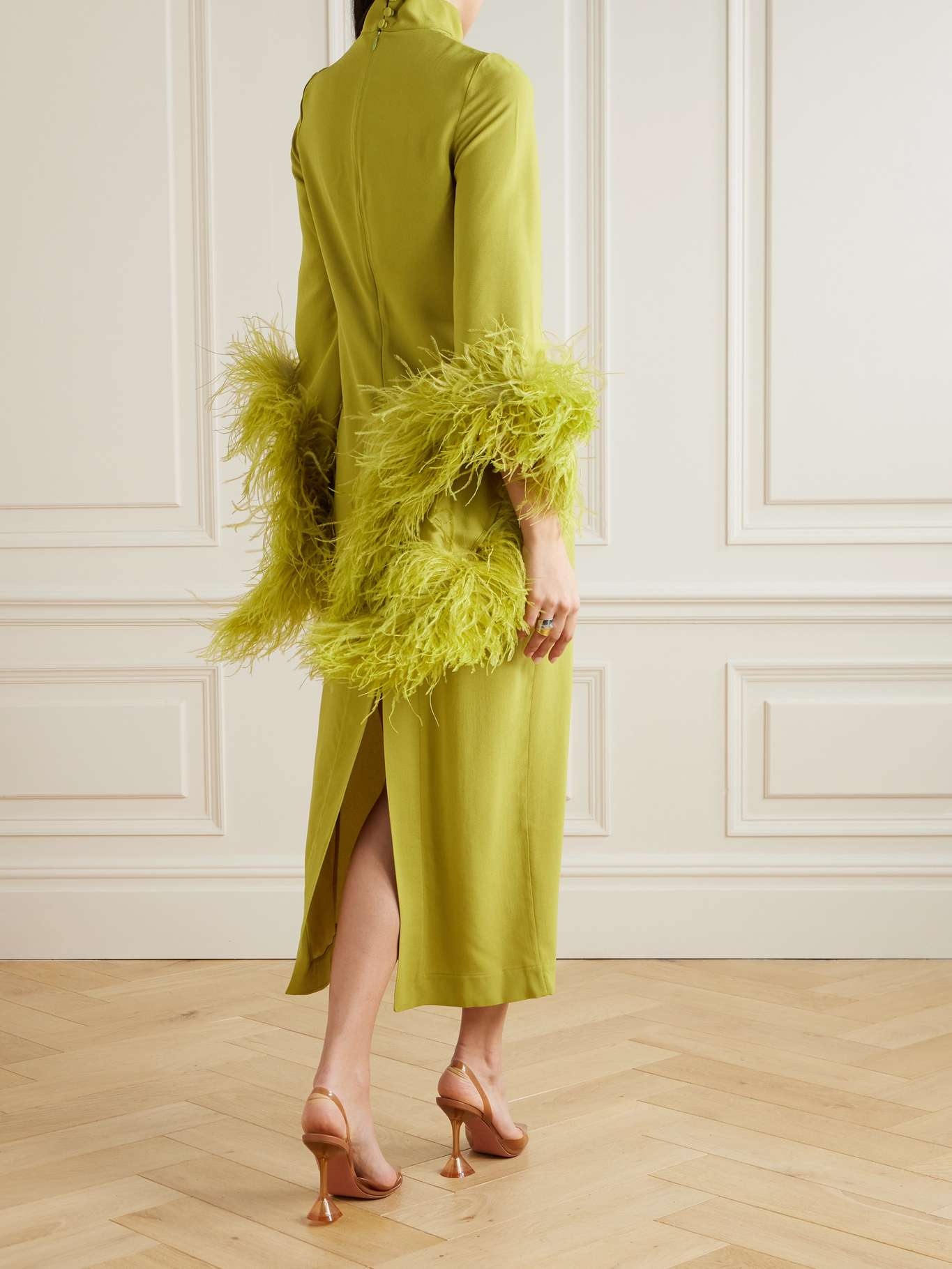 Del Rio turtleneck feather-trimmed crepe maxi dress - 3