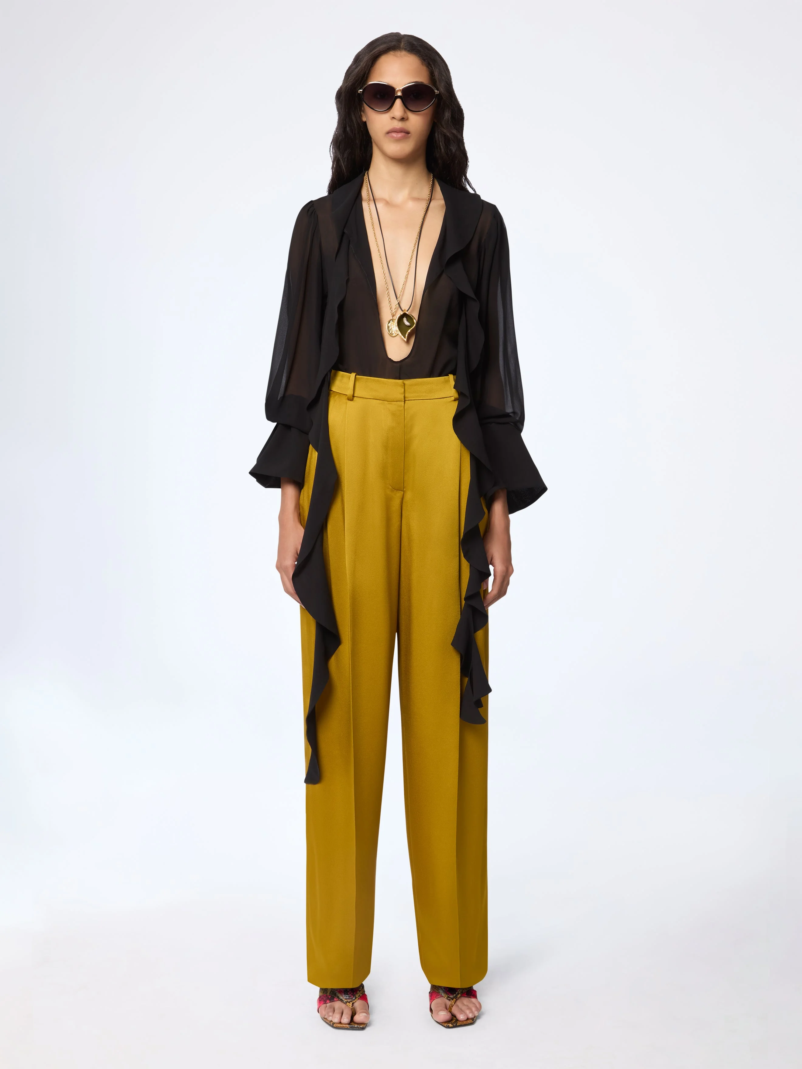 Gold Wide-Leg Crepe Satin Pants - 1