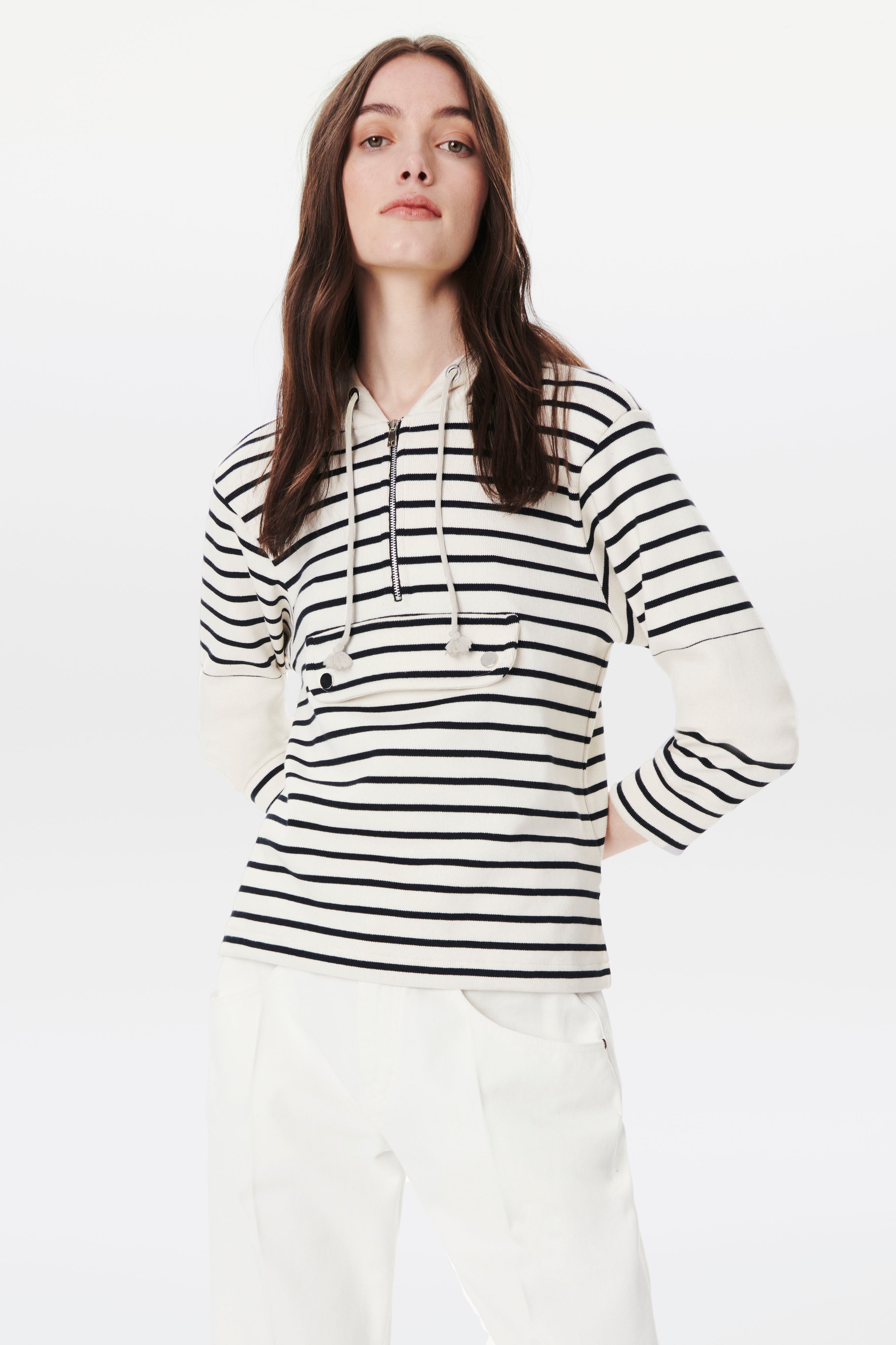 Front Pocket Hoodie in Ecru-Navy - 3