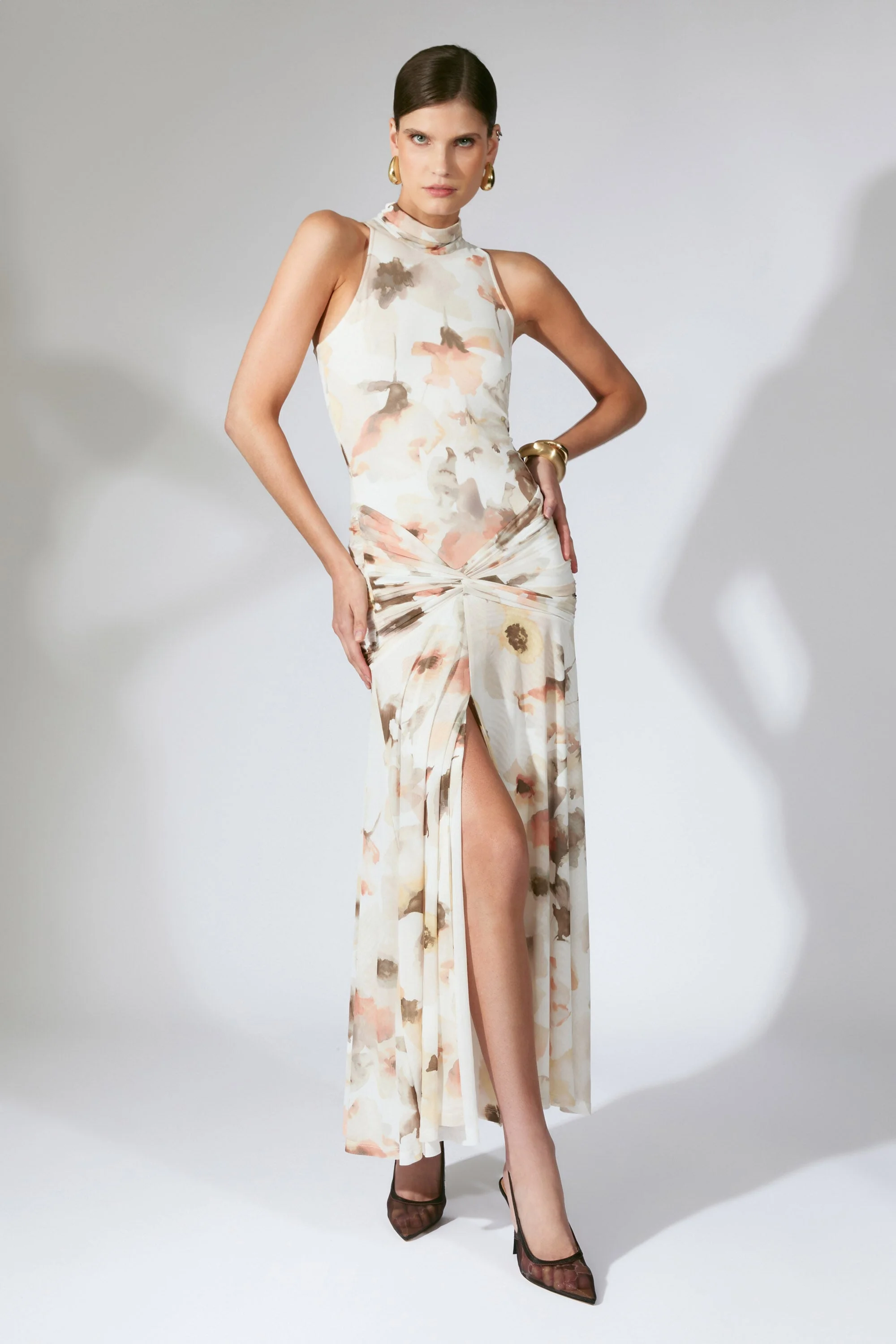 Leanna Mesh Midi Dress In Ivory Floral - 1