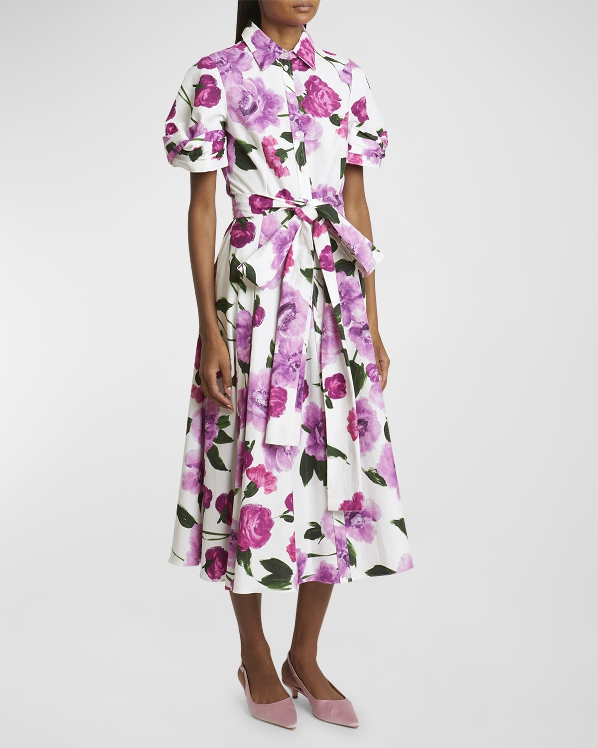 Belted Floral Cotton Short-Sleeve Midi Shirtdress - 3