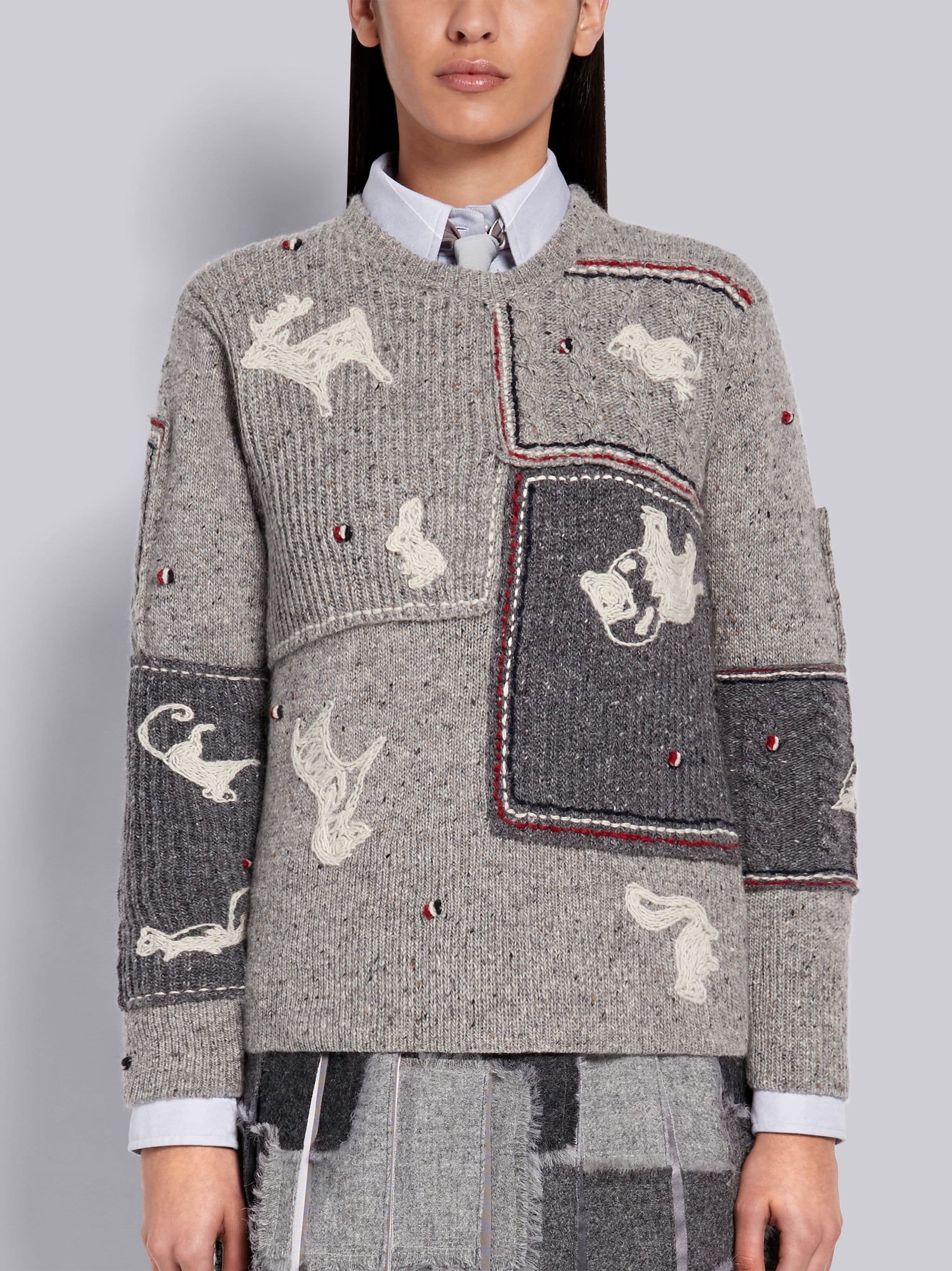 Light Grey Wool Mohair Tweed Hand Embellished Animal Icon Crewneck Pullover - 1