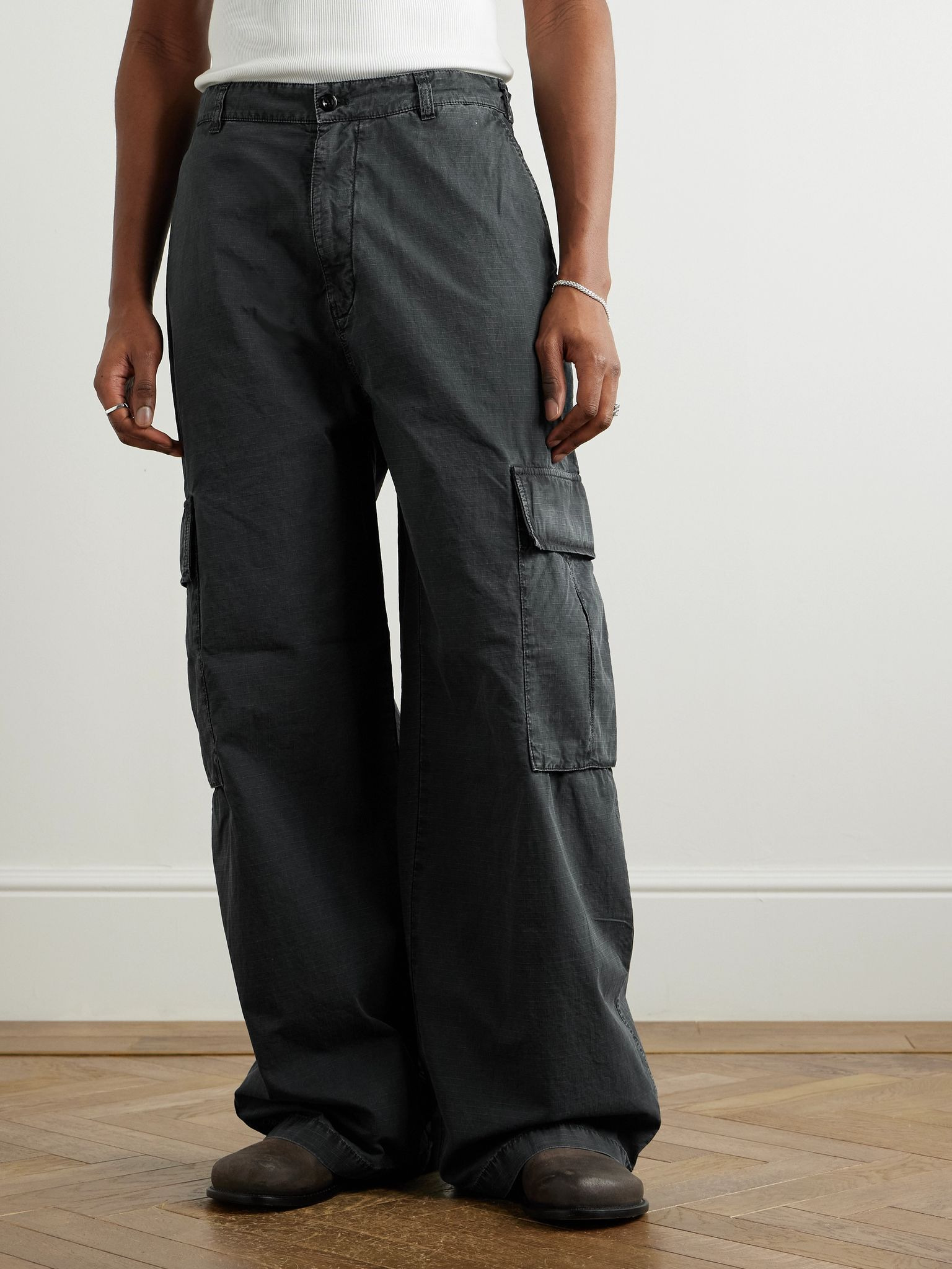 Wide-Leg Logo-Embroidered Cotton-Ripstop Cargo Trousers Black - 3