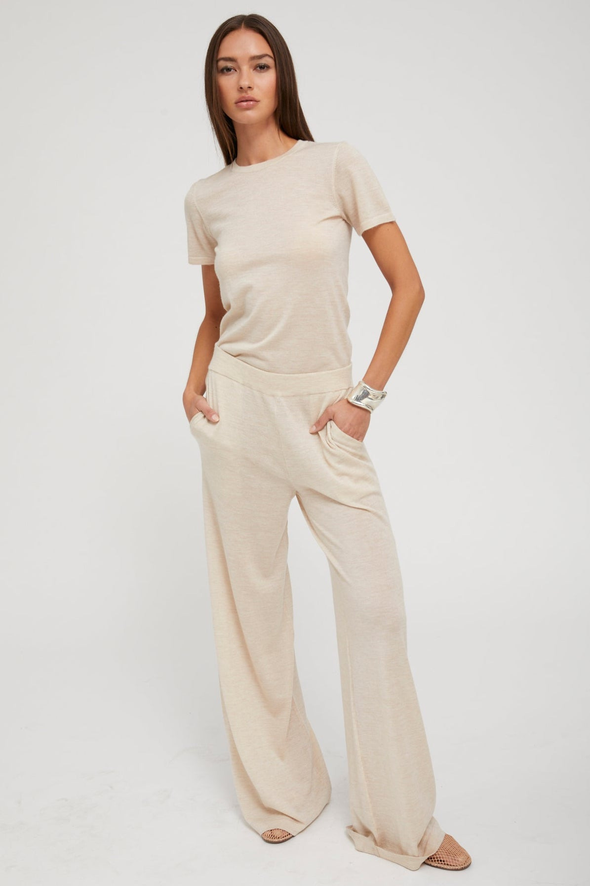 LATTE ULTRA FINE CASHMERE WIDE LEG PANTS - 3