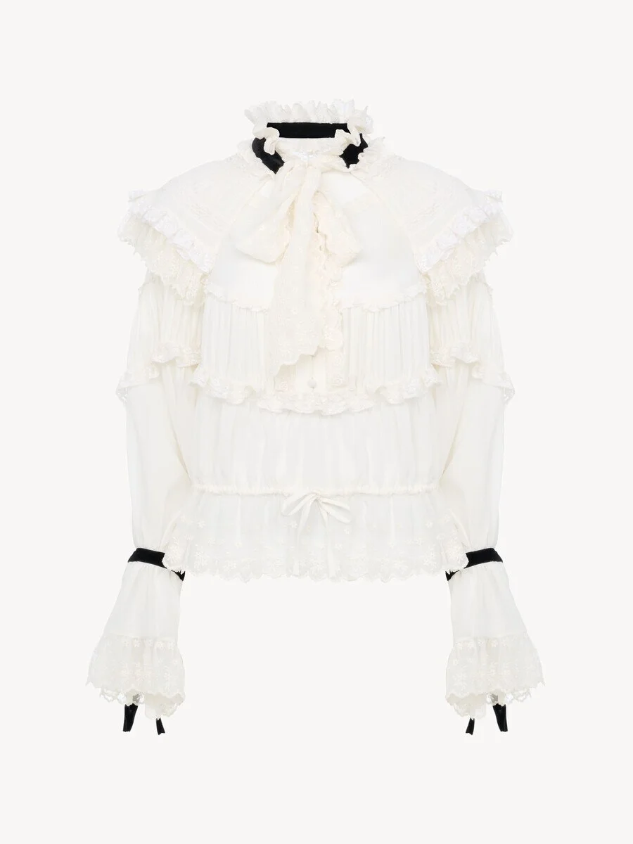 TIE-FRONT RUFFLE TOP IN SILK MOUSSELINE & LACE - 1