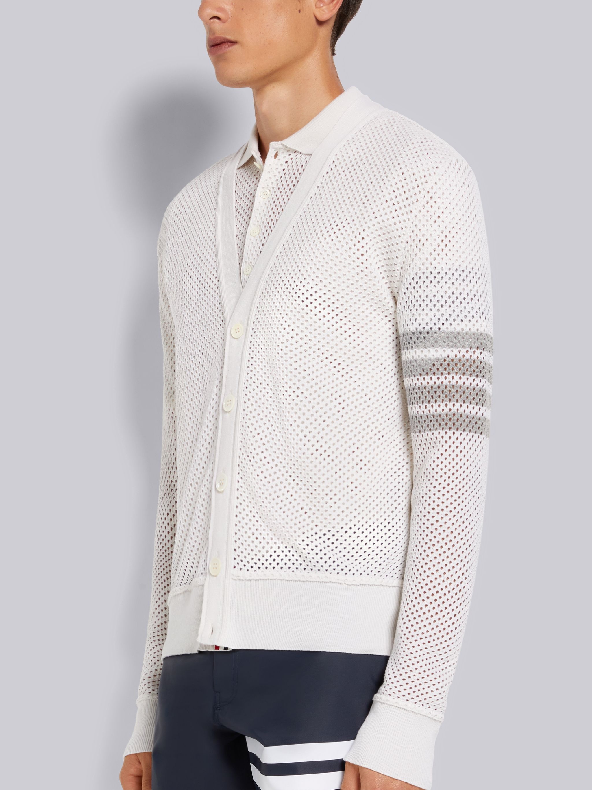 White Cashmere Mesh 4-Bar V-Neck Cardigan - 2