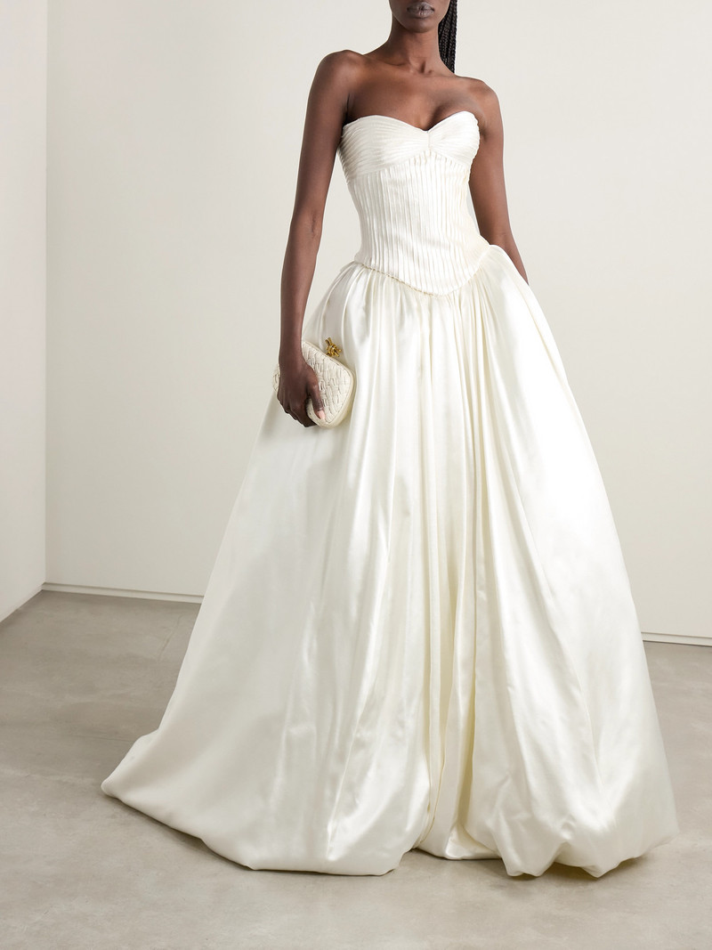 DANIELLE FRANKEL Ella Strapless Frayed Pintucked Silk And Wool-blend Satin Bustier Top outlook