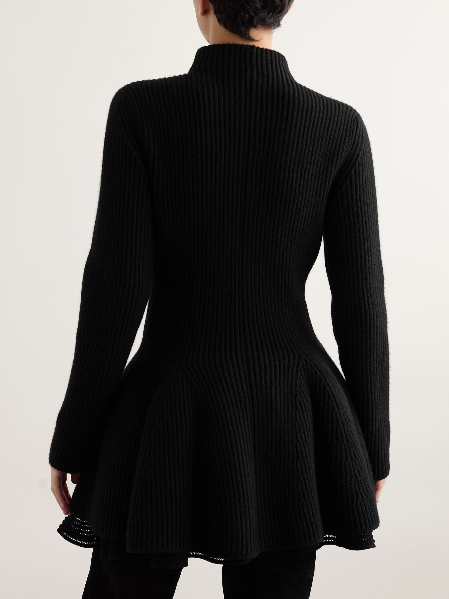 Ribbed wool and cashmere-blend peplum cardigan Black - 3