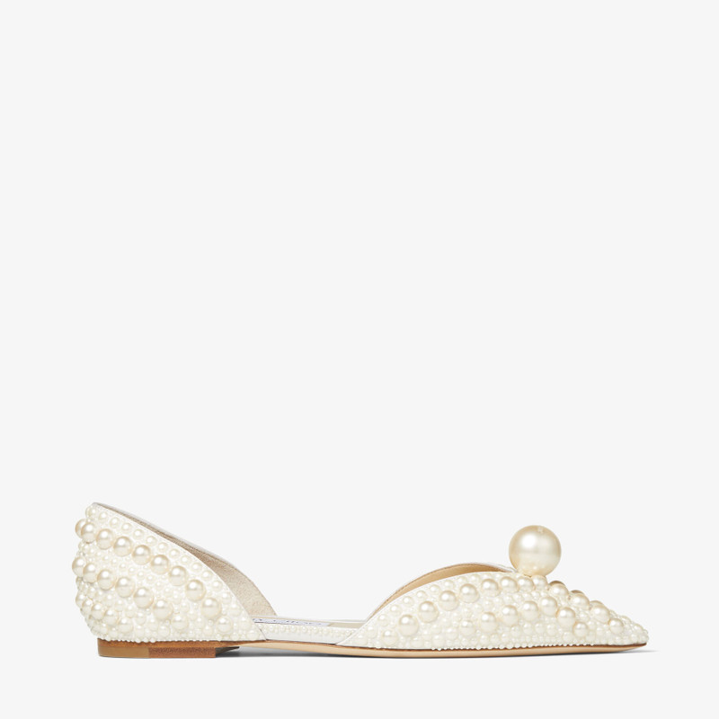 Sabine Flat White Satin Flats with All-Over Pearl Embellishment 1