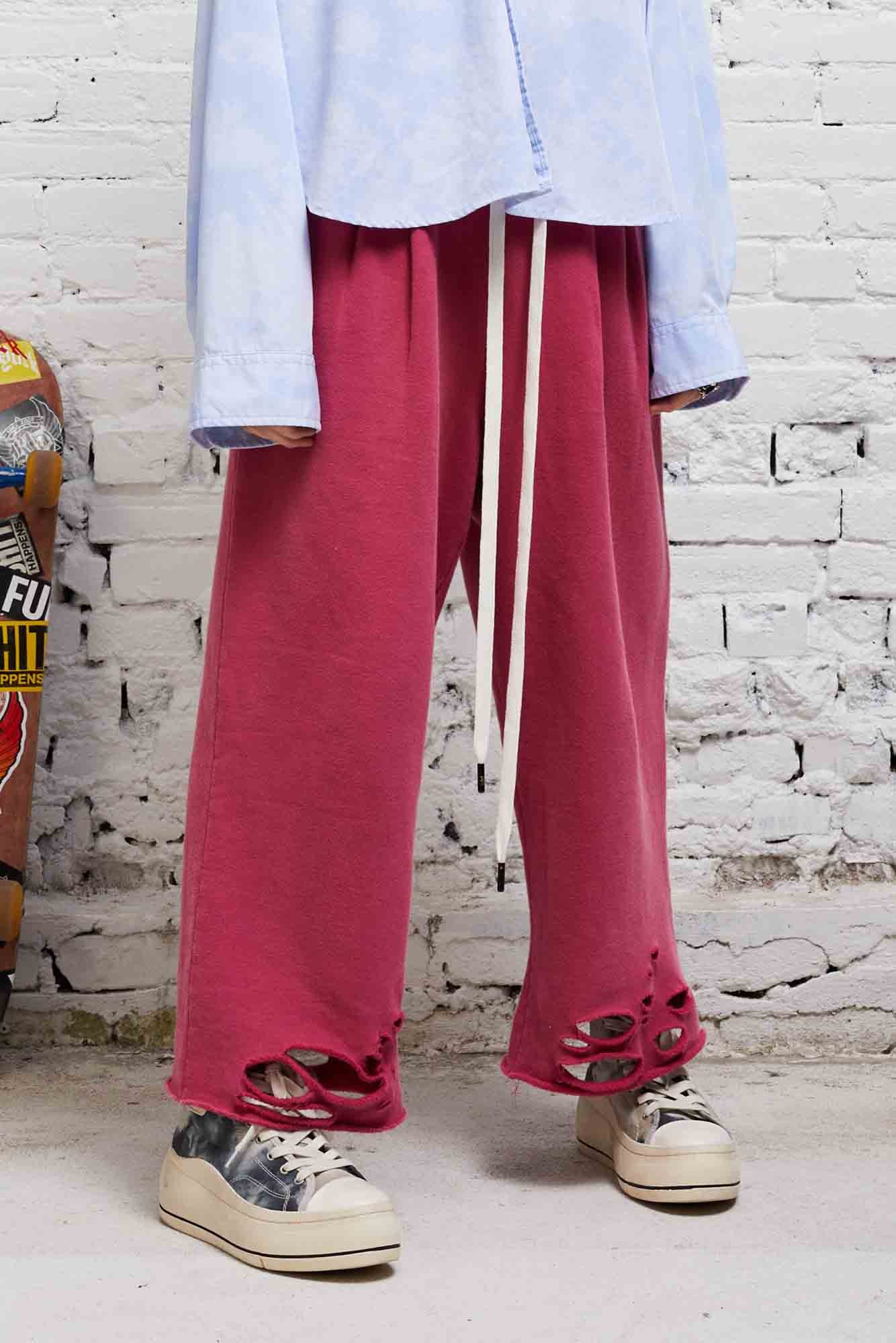 PLEATED WIDE LEG SWEATPANT - HOT PINK - 1