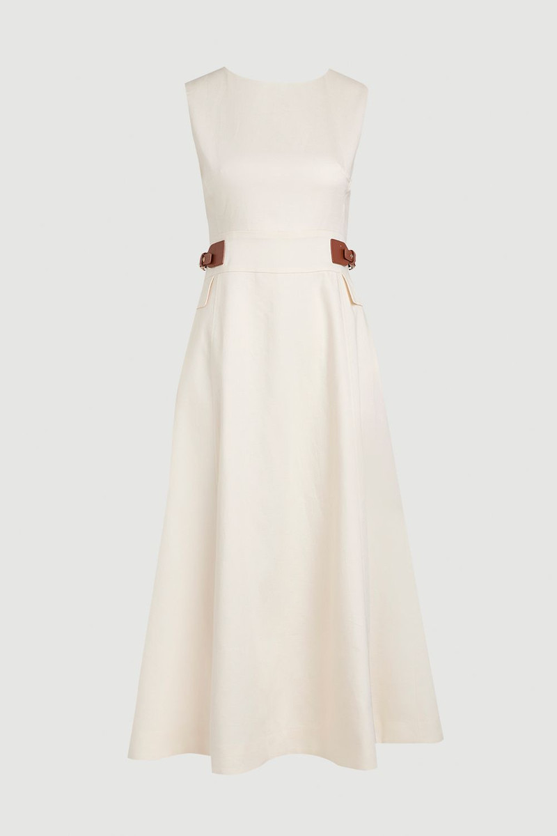 KAREN MILLEN Tailored Linen Tab Waist Detail Full Skirt Midi Dress outlook