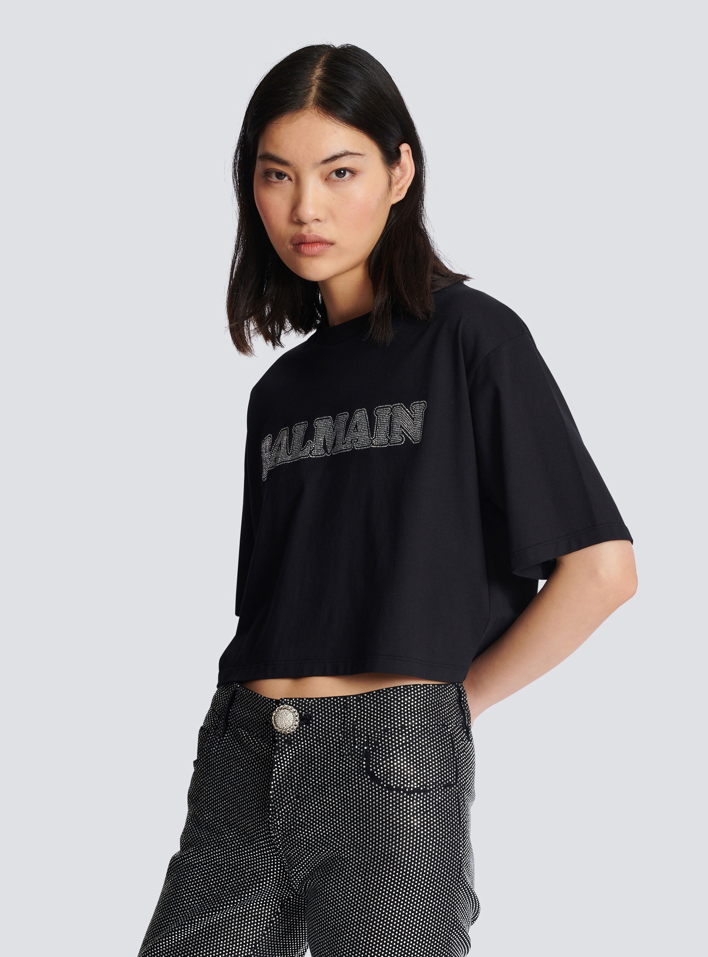 Cropped rhinestone Balmain T-shirt - 6
