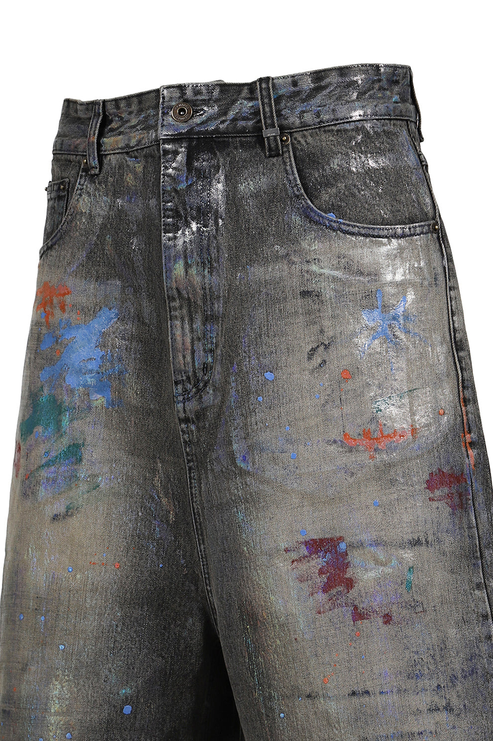 BLACK MENS PAINTED DENIM SHORTS / BLK - 4