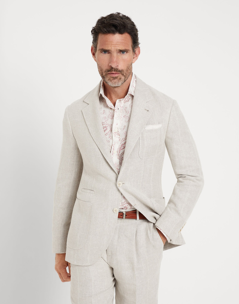 Linen, silk, wool and cotton textured chalk stripe deconstructed blazer with patch pockets 1