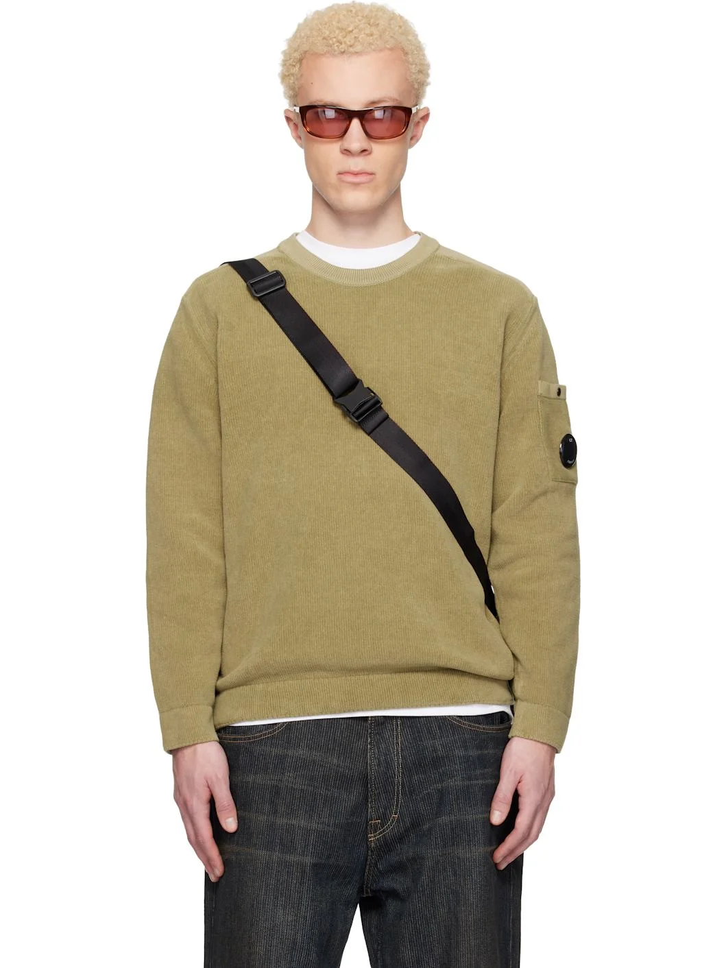 Beige Cotton Chenille Crewneck Lens Sweater - 1